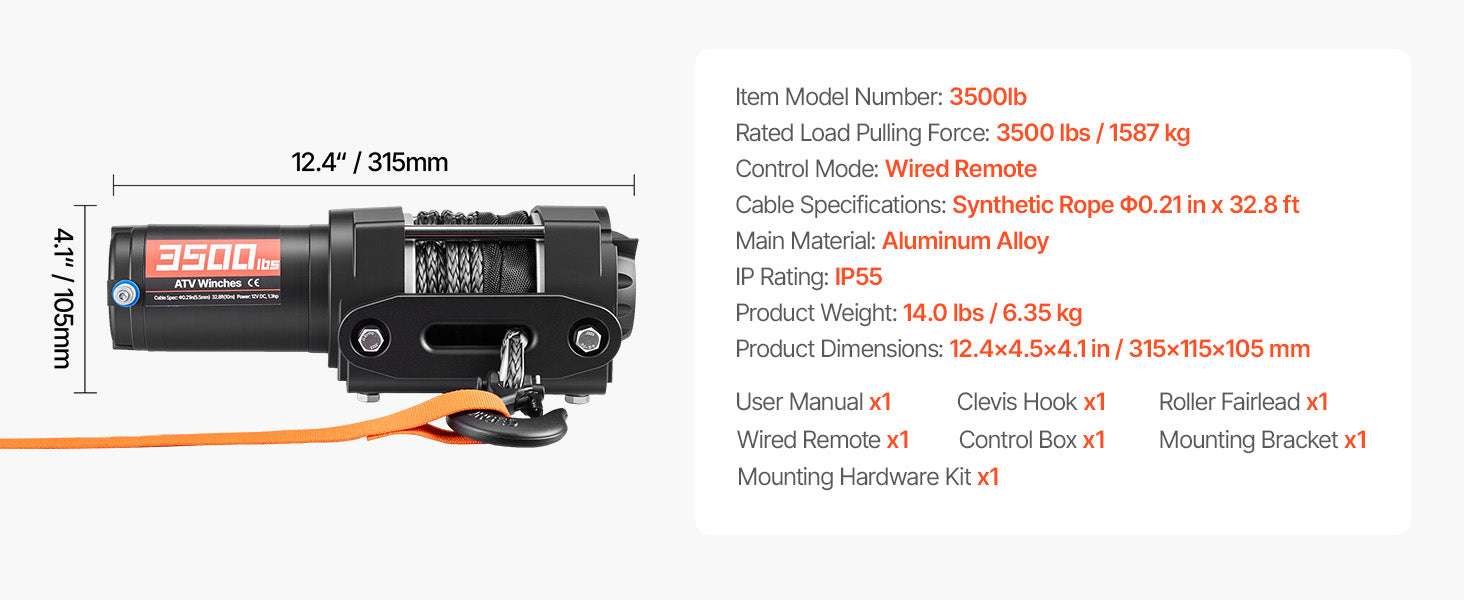 12V ATV Winch 2500–3500lbs with Synthetic Rope & Wired Remote-2500 lbs 39ft / United States