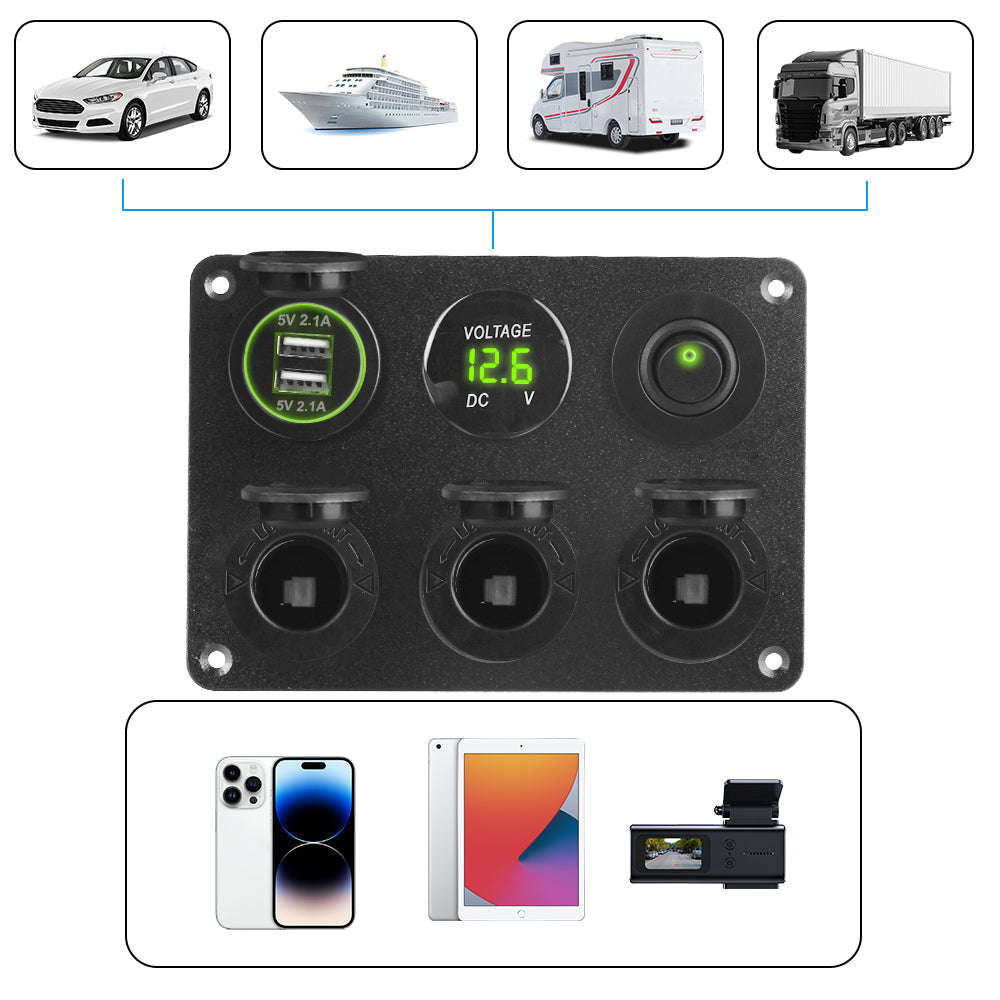 12V Dual USB Charger Socket Power Outlet Panel with LED Voltmeter and Toggle Switch-green / China Mainland