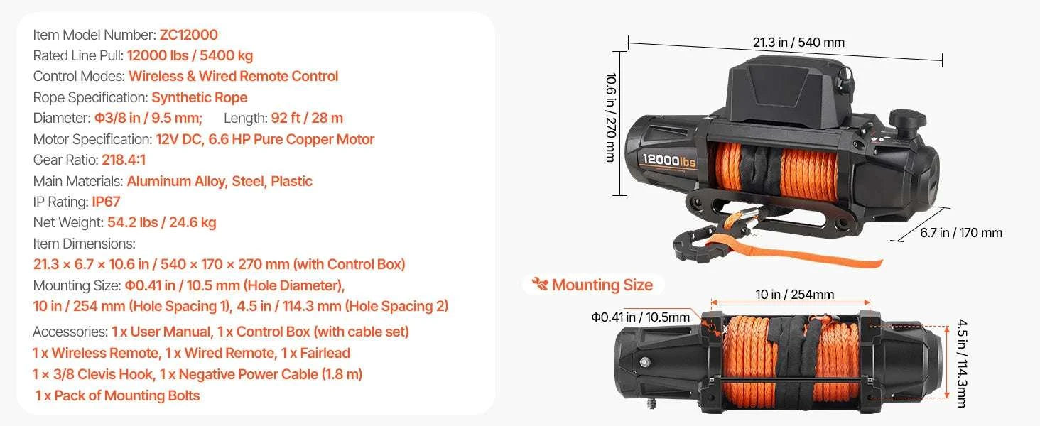 12V Electric Winch 10000–13500 lbs with 90 ft Rope for Truck & SUV-10000 lbs / United States