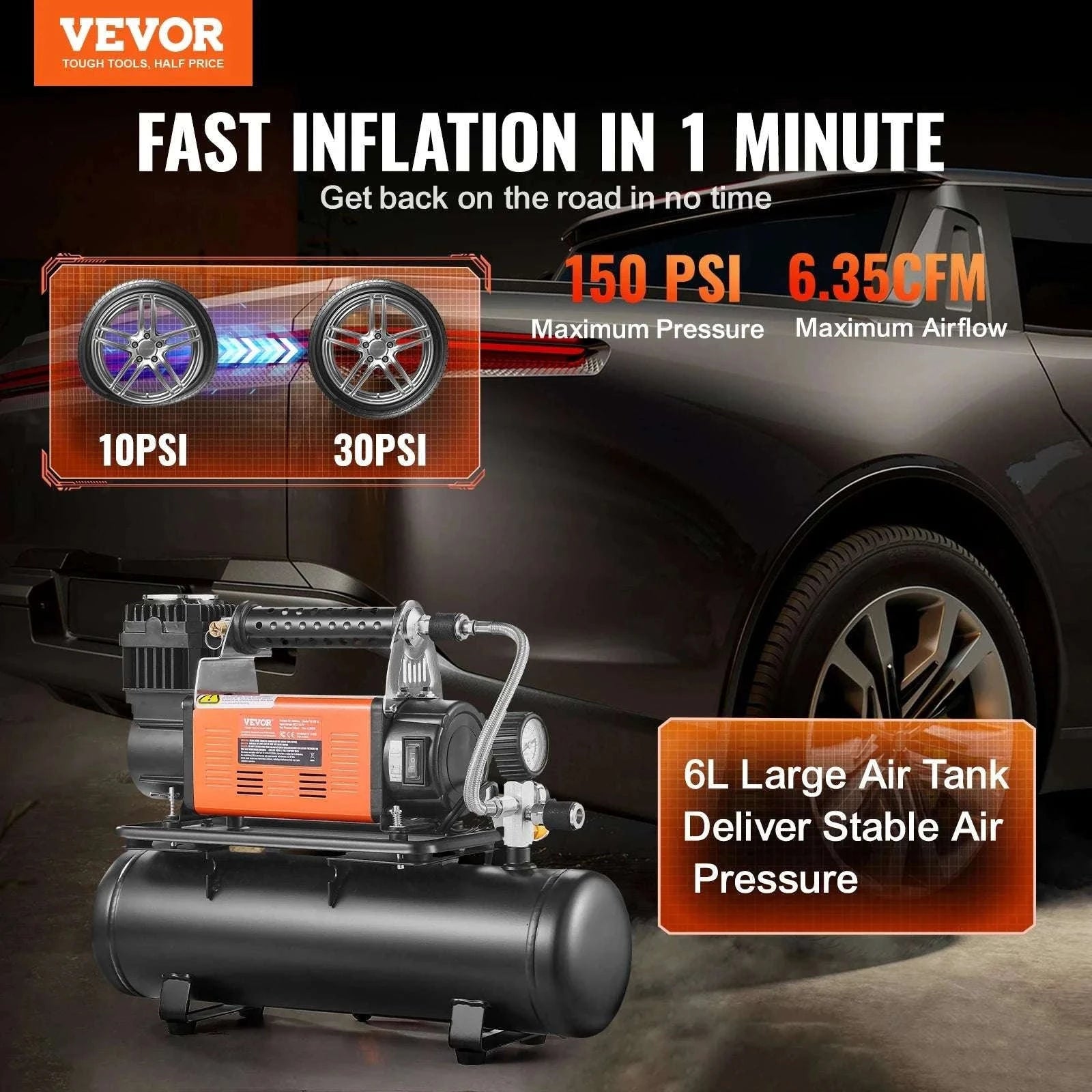 12V Heavy Duty Air Compressor 150 PSI Tire Inflator with 6L Tank-6L Tank / CZECH REPUBLIC