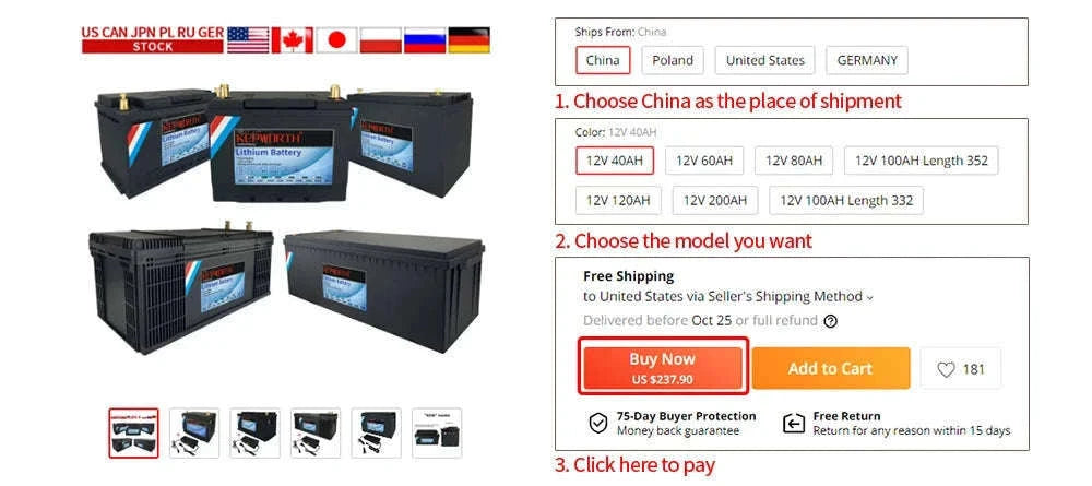 12V LiFePO4 Battery Pack with Built-In BMS-12V 100Ah Bluetooth / United States