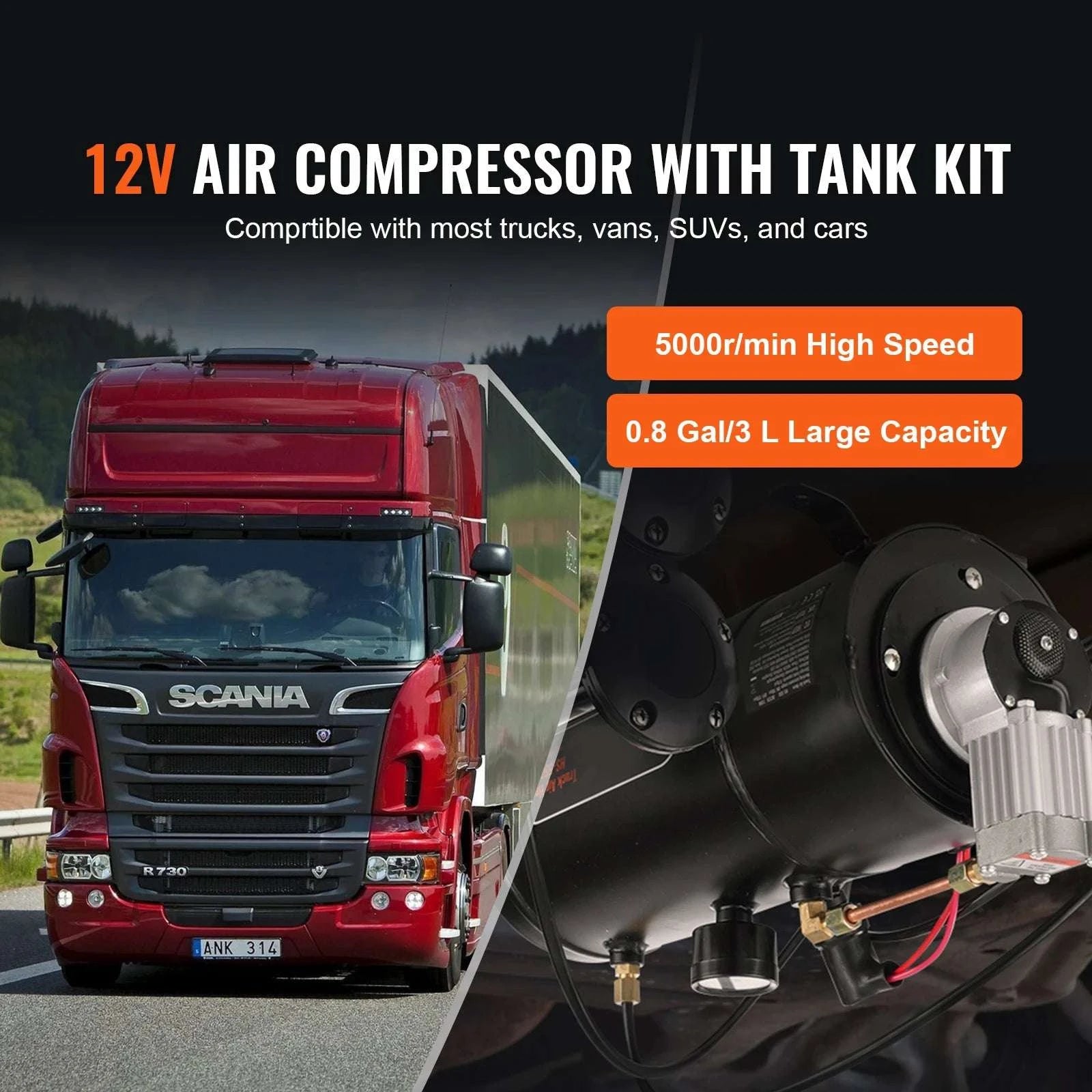 12V Onboard Air Compressor Kit with 0.8 Gal Tank 120 PSI-france