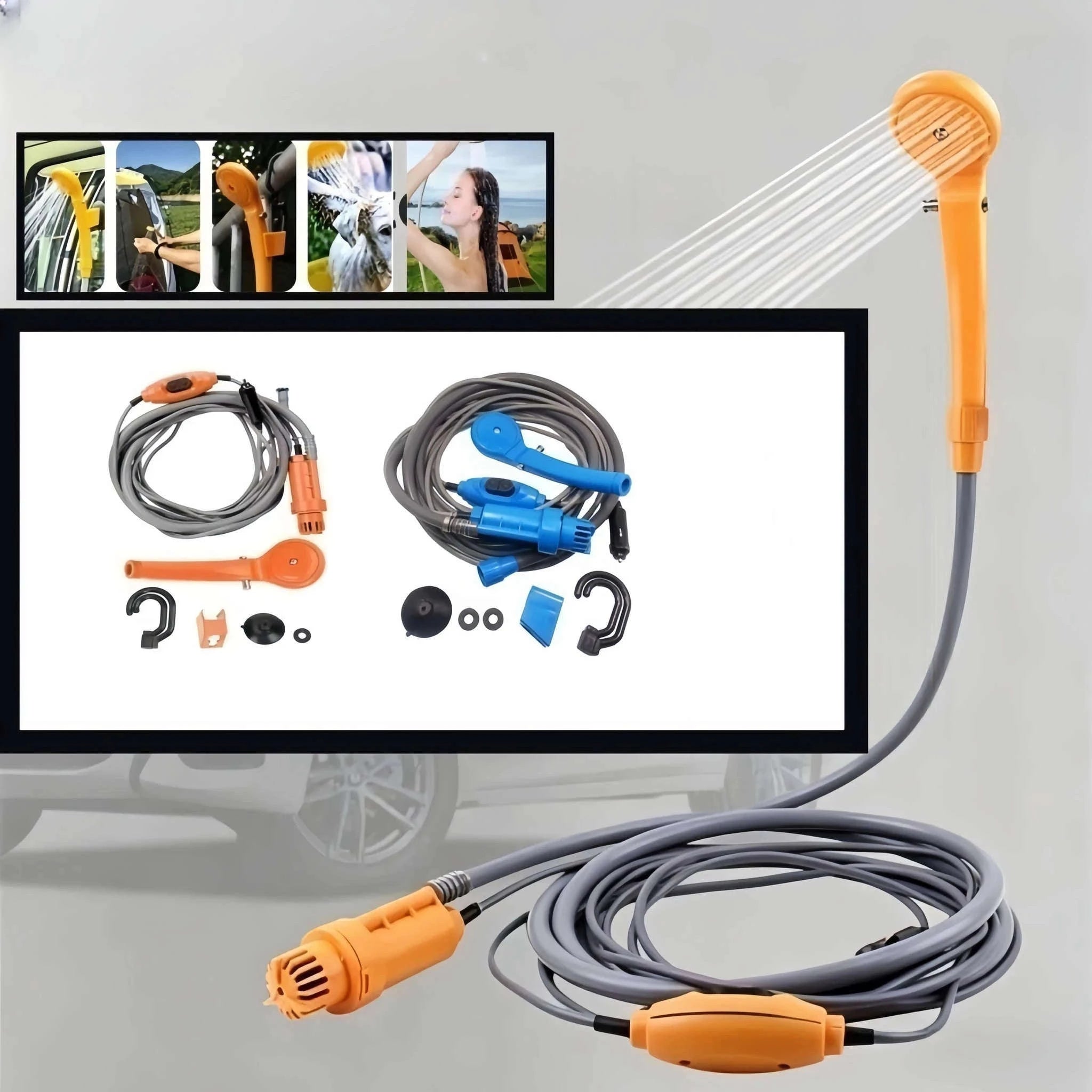 12V Portable Car Shower Kit with Cigarette Lighter Plug-Orange