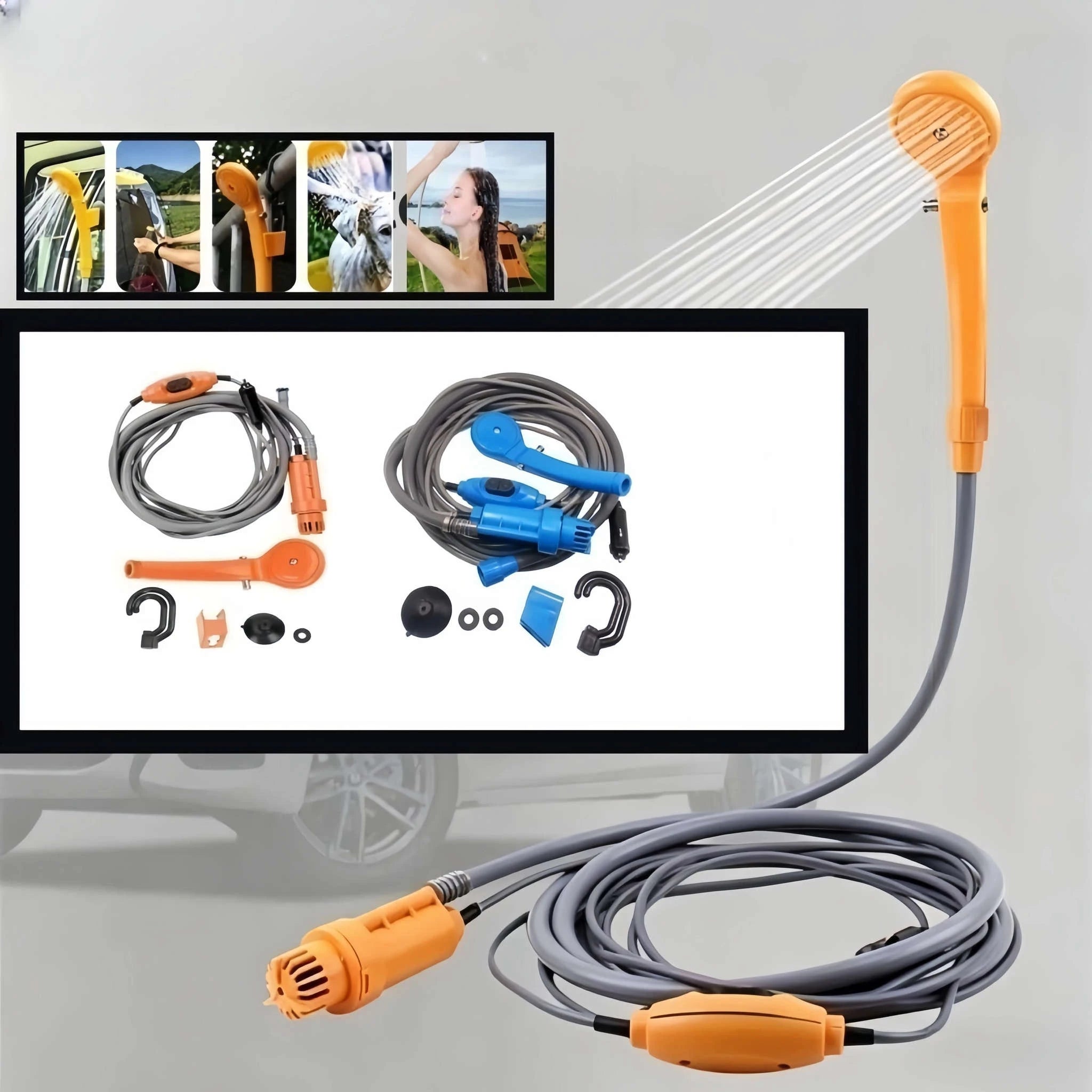 12V Portable Car Shower Kit with Cigarette Lighter Plug-Orange