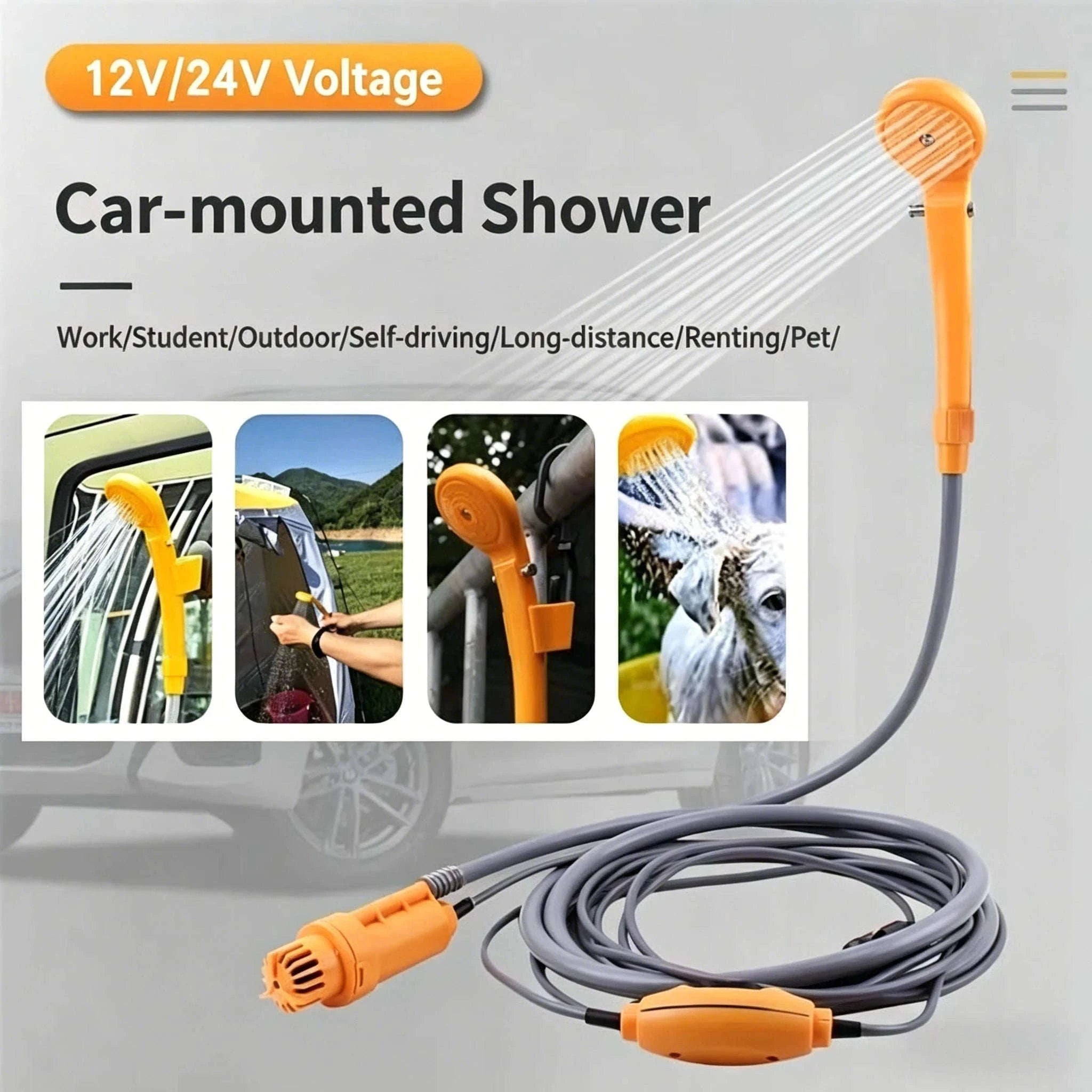 12V Portable Car Shower Kit with Cigarette Lighter Plug-Orange