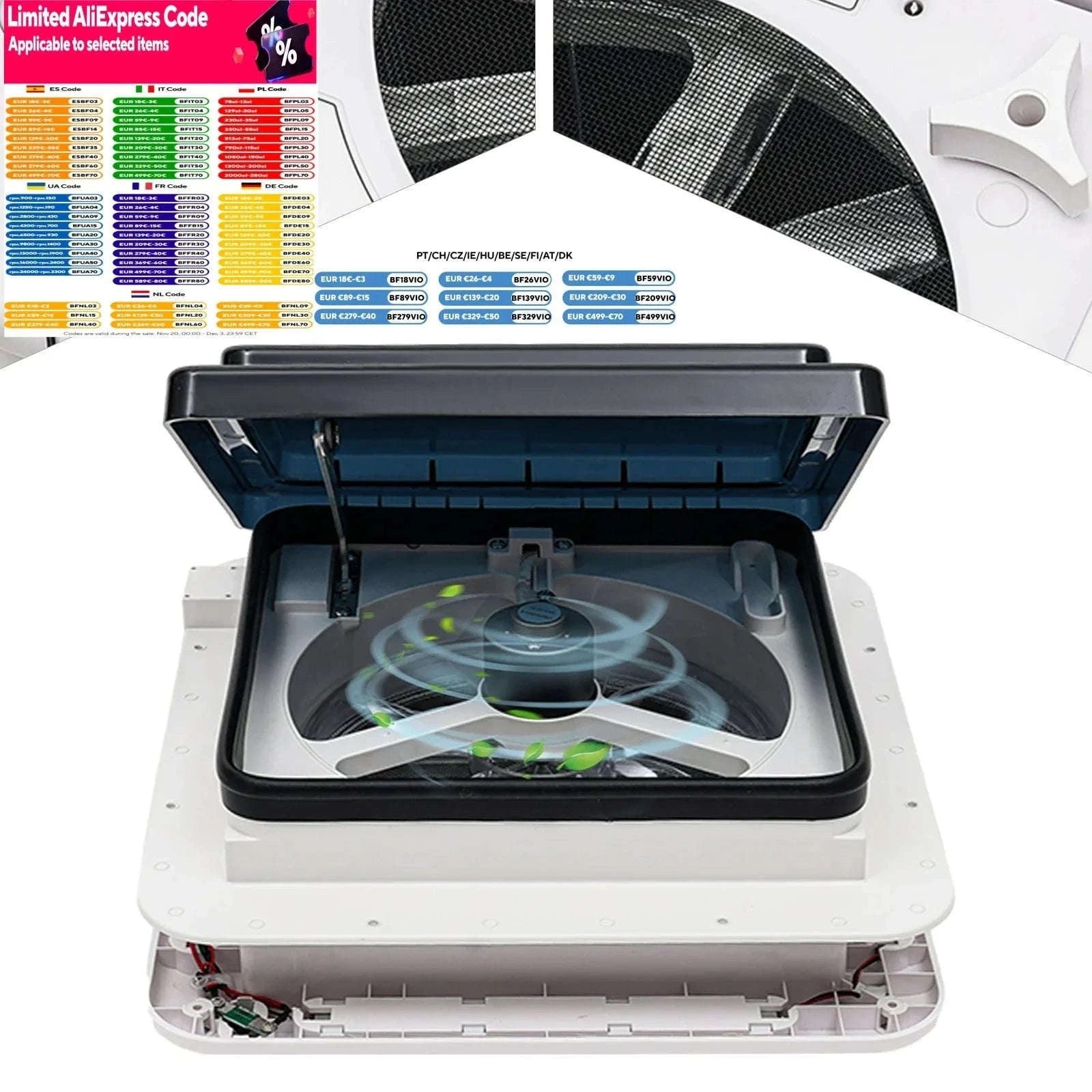 12V RV Ventilation Fan with LED Light 280x280mm-WHITE / spain