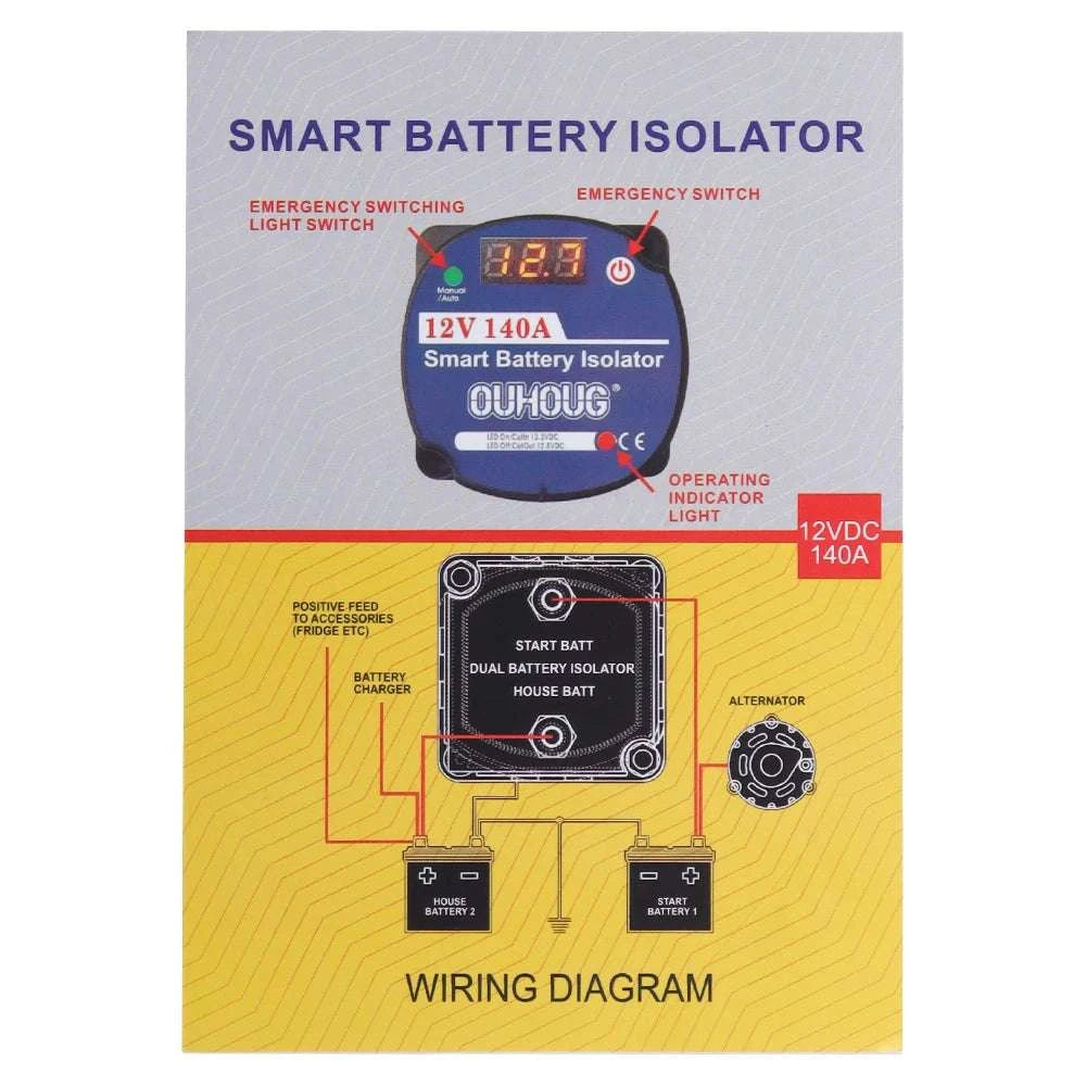 12V Split Charge Relay Kit 140A VSR with Voltmeter for Dual Battery-5m with LED