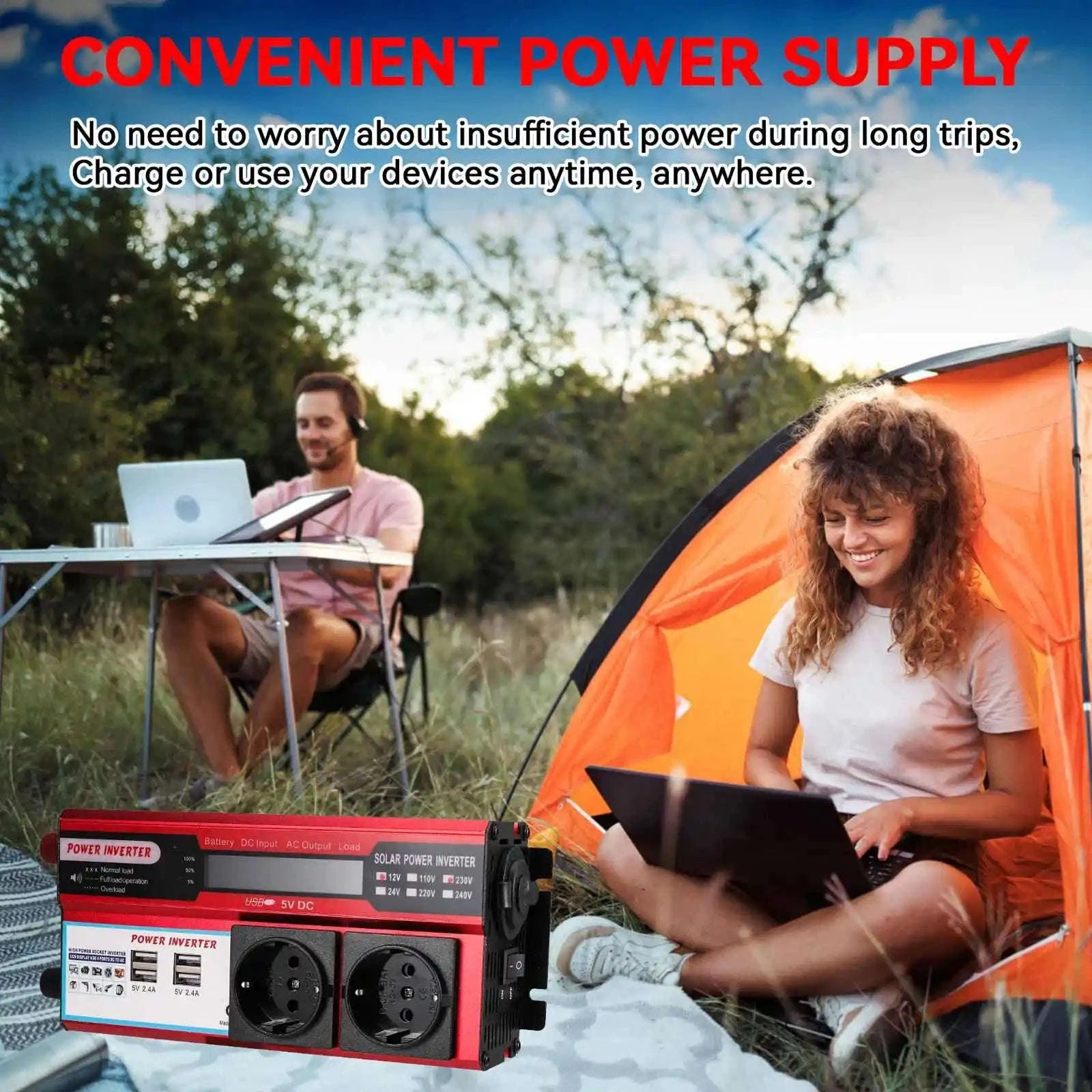 12V to 220V/230V Power Inverter with 4 USB Ports and LED Display-EU Plug / france