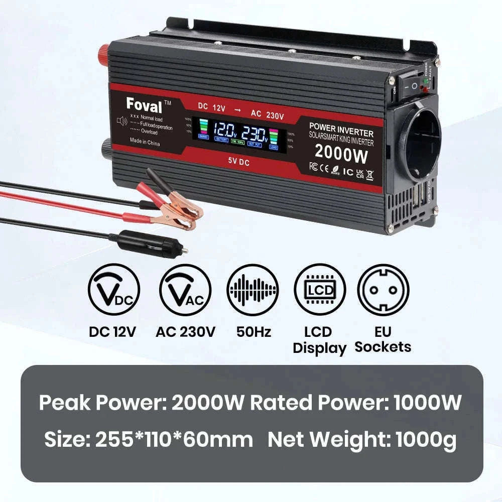 12V to 220V Power Inverter with LCD Display and Dual USB-3000W Red / Poland