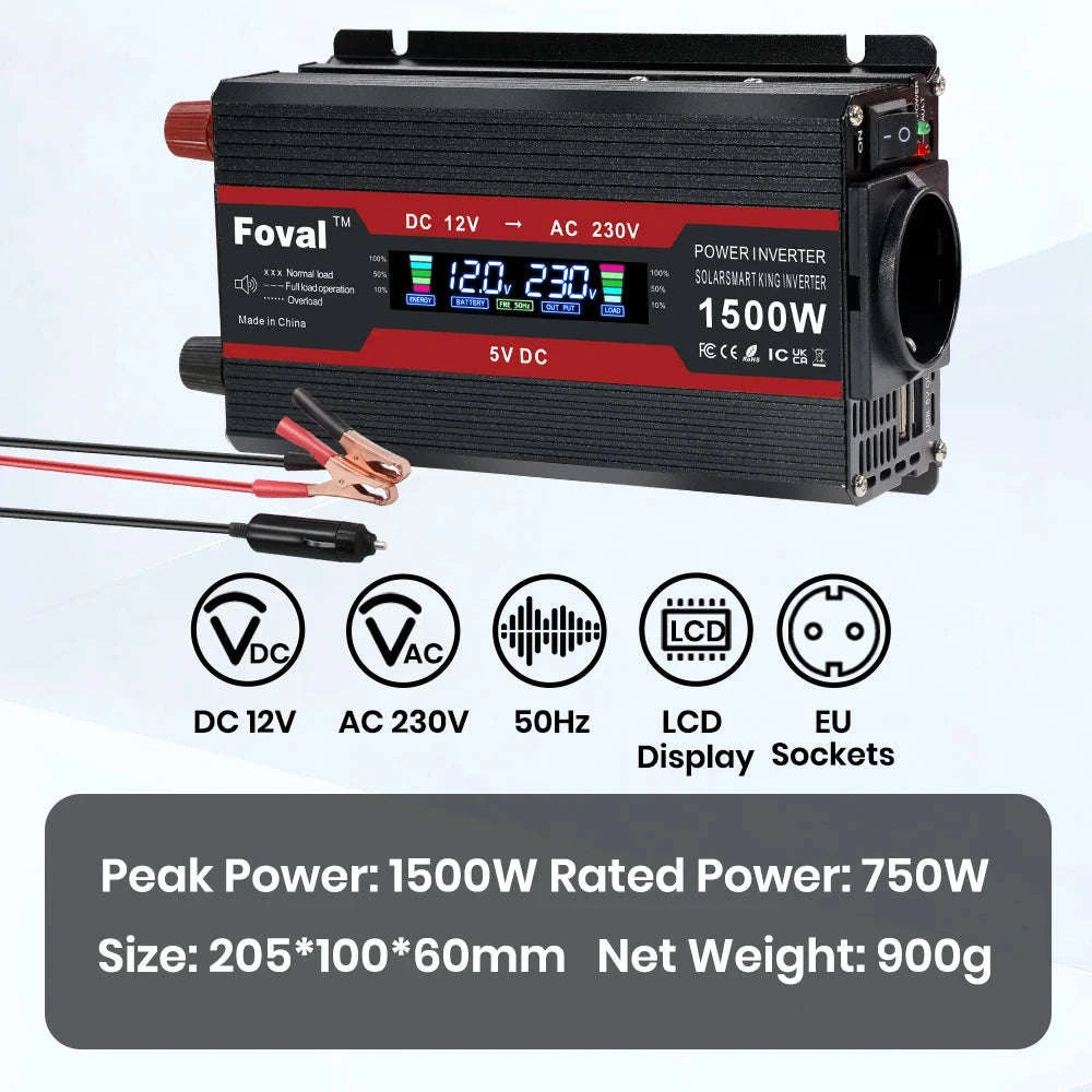 12V to 220V Power Inverter with LCD Display and Dual USB-3000W Red / Poland
