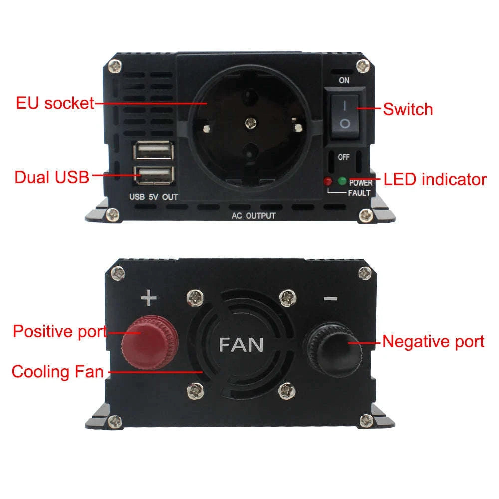 12V to 220V Power Inverter with LCD Display and Dual USB-3000W Red / Poland