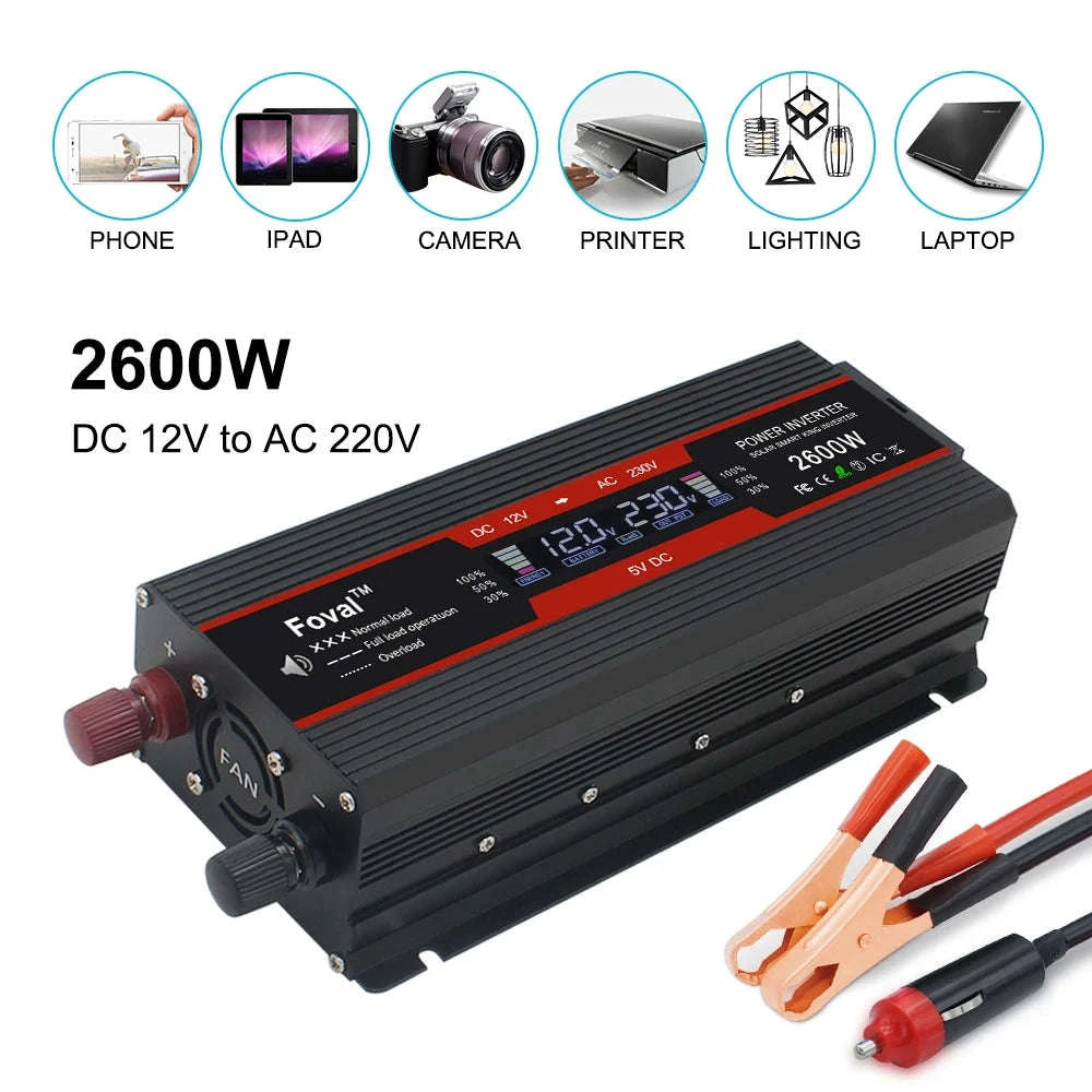 12V to 220V Power Inverter with LCD Display and Dual USB-3000W Red / Poland