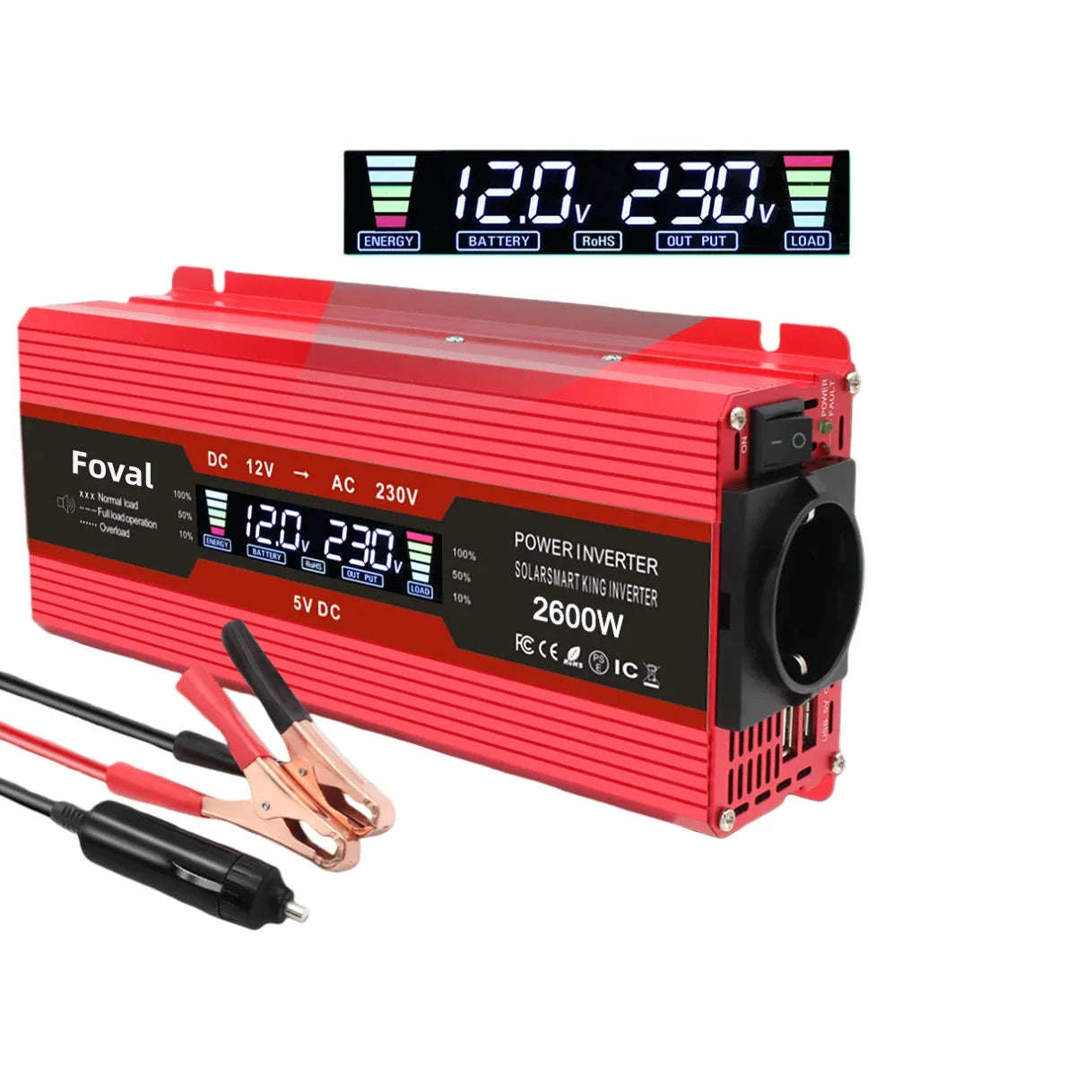12V to 220V Power Inverter with LCD Display and Dual USB-3000W Red / Poland