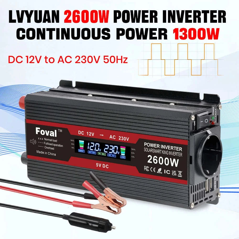 12V to 220V Power Inverter with LCD Display and Dual USB-3000W Red / Poland