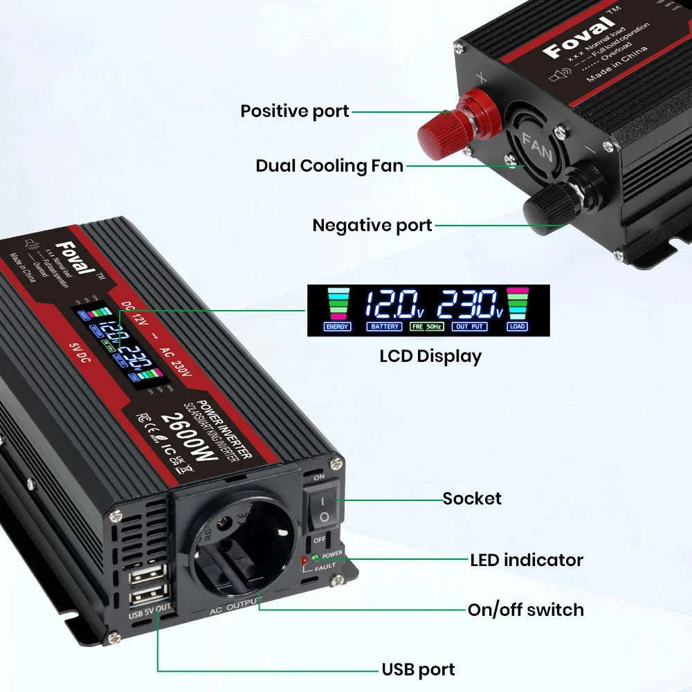 12V to 220V Power Inverter with LCD Display and Dual USB-3000W Red / Poland