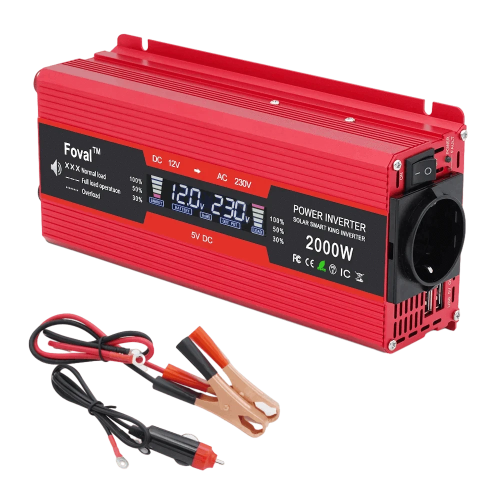 12V to 220V Power Inverter with LCD Display and Dual USB-3000W Red / Poland