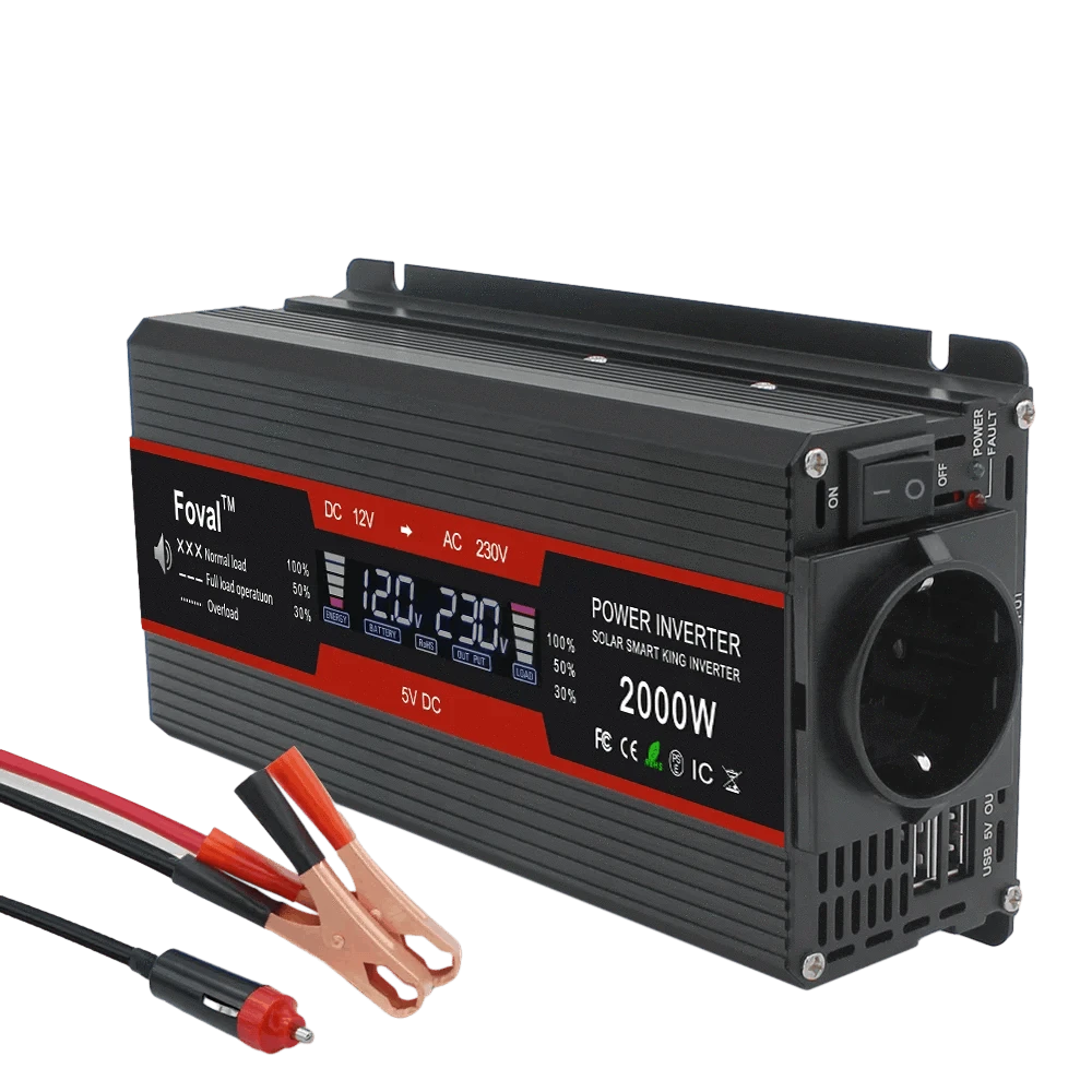 12V to 220V Power Inverter with LCD Display and Dual USB-3000W Red / Poland