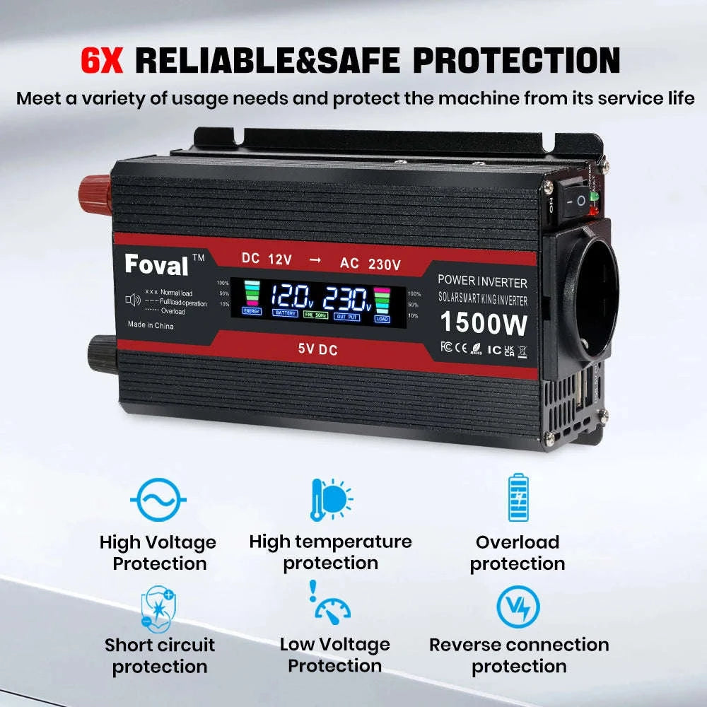 12V to 220V Power Inverter with LCD Display and Dual USB-3000W Red / Poland