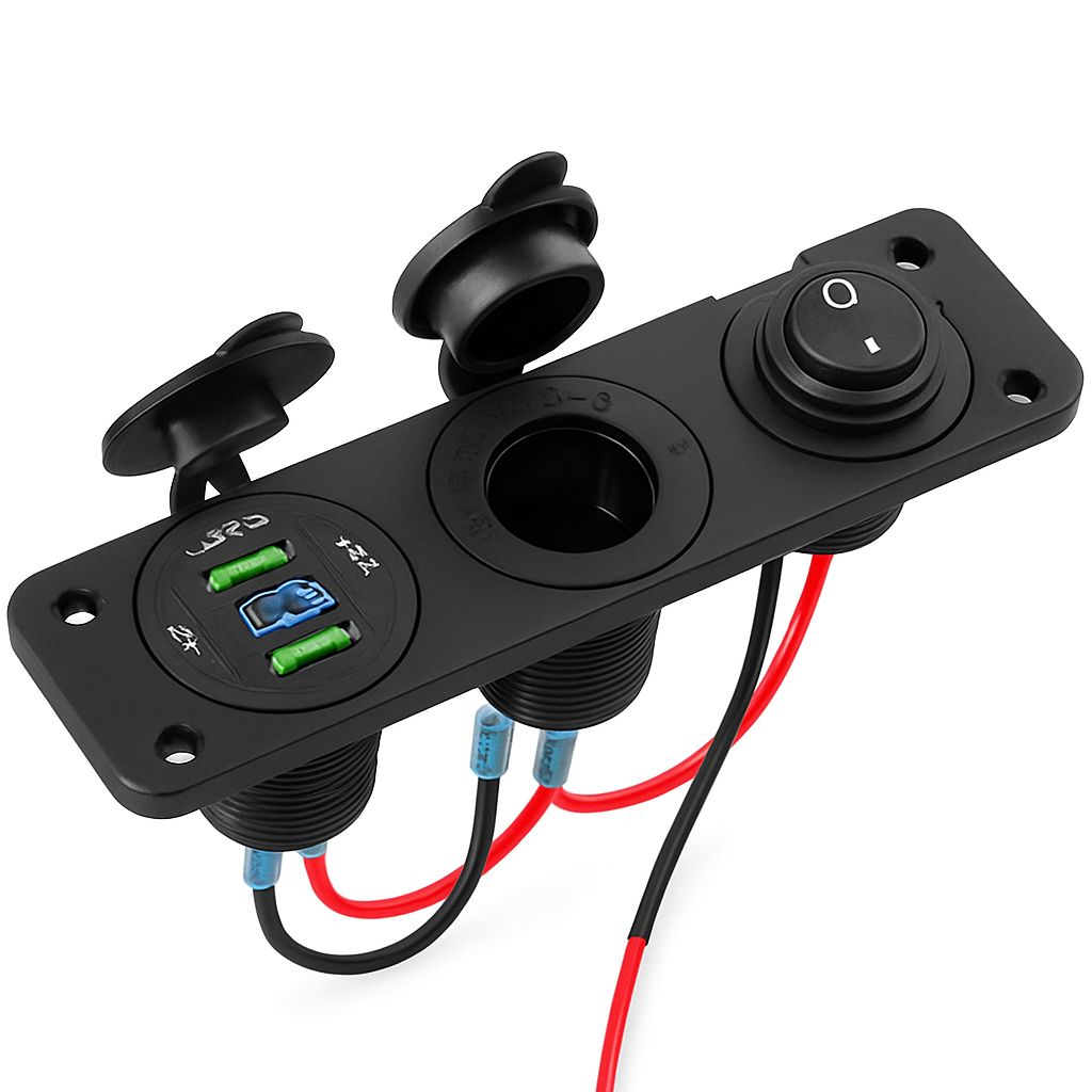 Panel de toma de corriente para coche 3 en 1 impermeable 12V con USB dual QC 3.0 y voltímetro