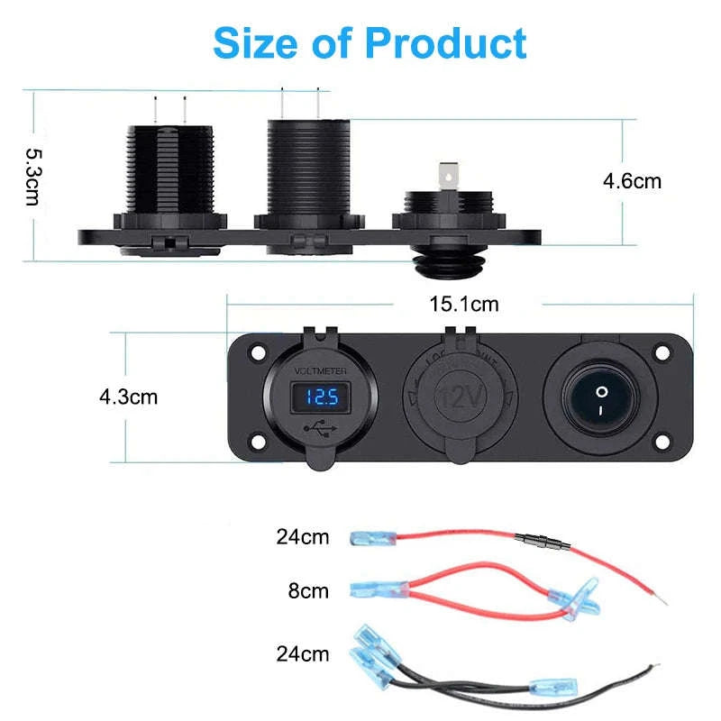 12V Waterproof 3-in-1 Car Power Socket Panel with Dual QC 3.0 USB and Voltmeter-Blue 3 in 1 set