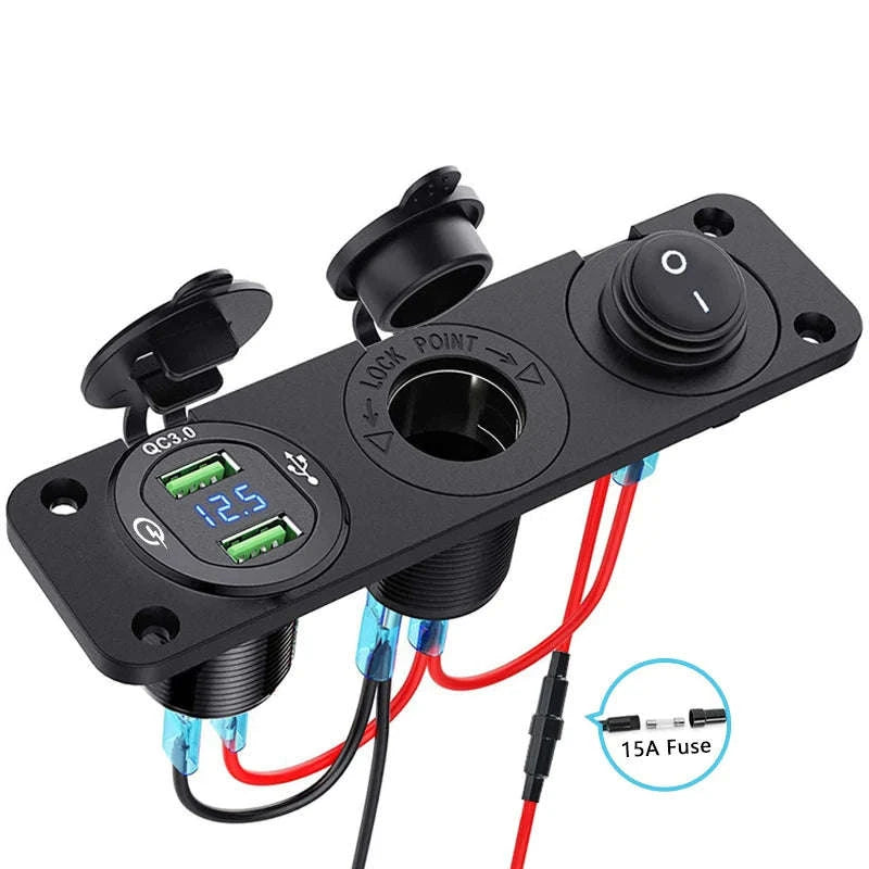 12V Waterproof 3-in-1 Car Power Socket Panel with Dual QC 3.0 USB and Voltmeter-Blue 3 in 1 set