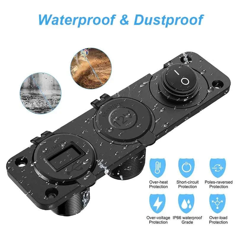 12V Waterproof 3-in-1 Car Power Socket Panel with Dual QC 3.0 USB and Voltmeter-Blue 3 in 1 set