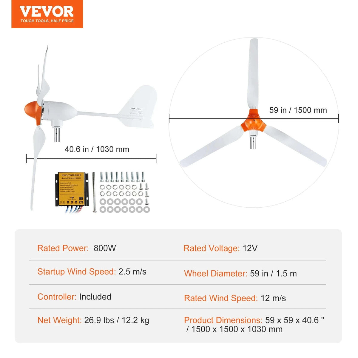 12V Wind Turbine Generator Kit with MPPT Controller-12V 800W 3 Blades / Germany