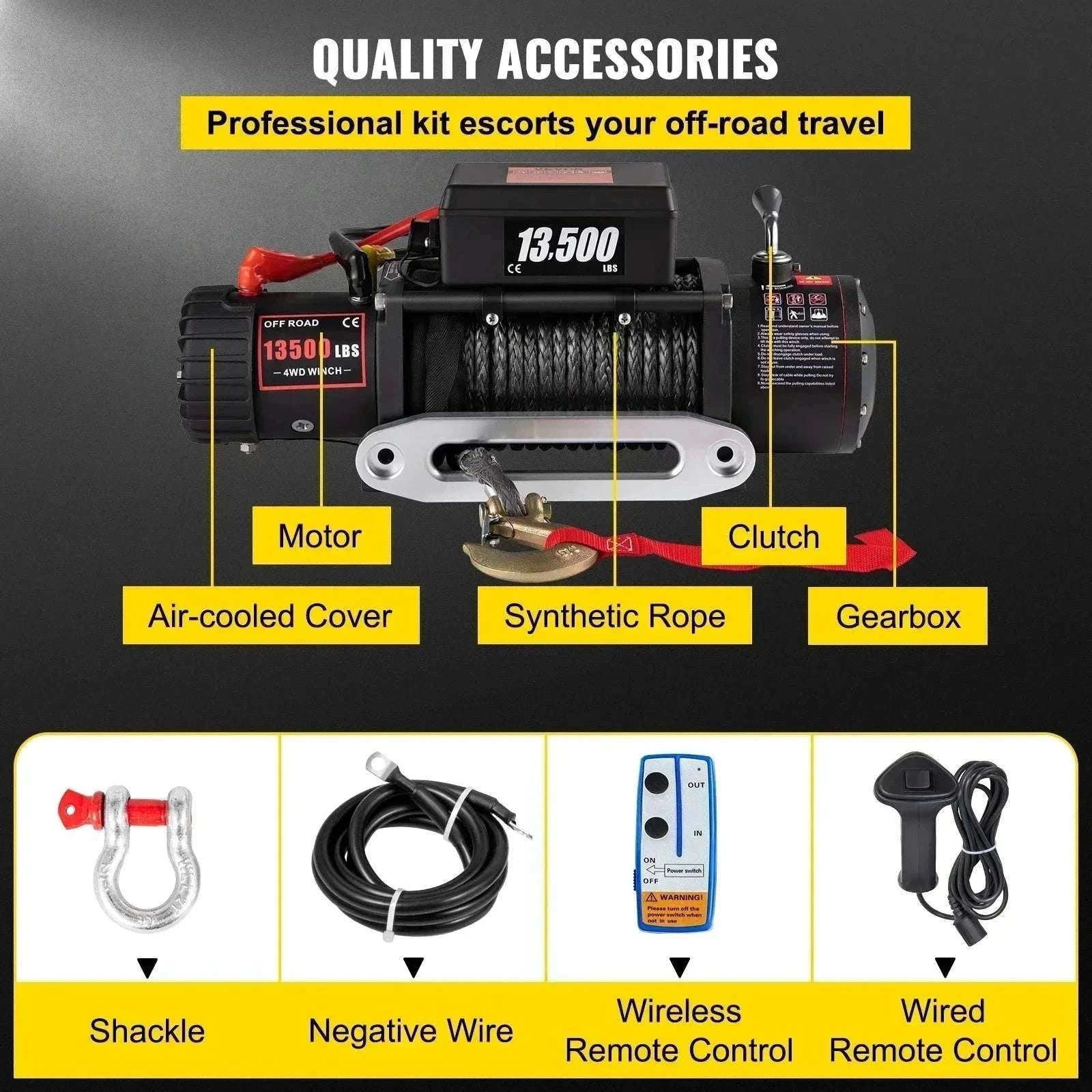 13,500 lb Electric Winch 12V with Synthetic Rope & Remote Control-13500LBS / United States