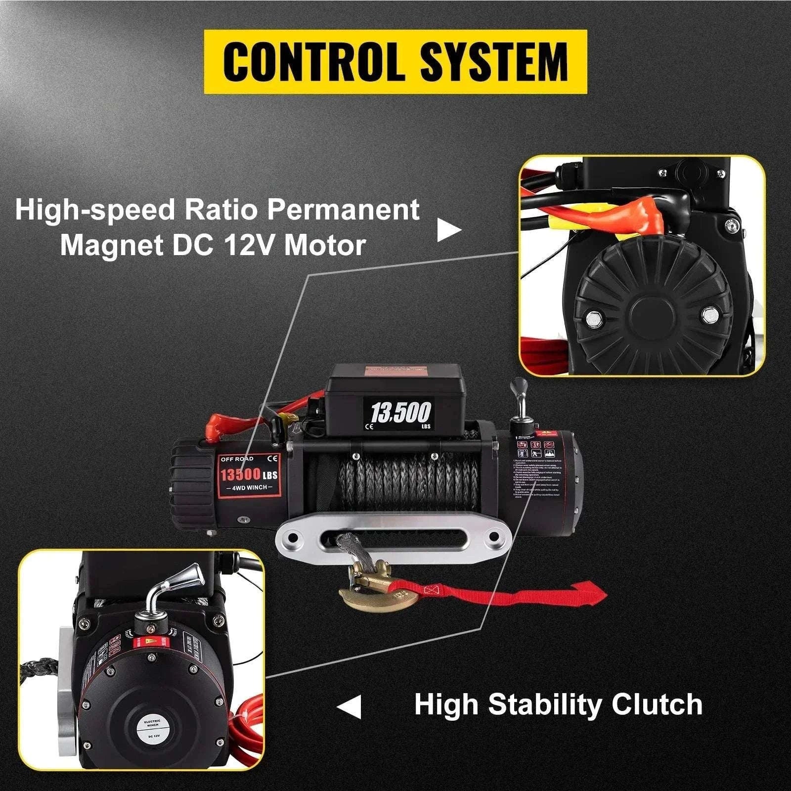 13,500 lb Electric Winch 12V with Synthetic Rope & Remote Control-13500LBS / United States