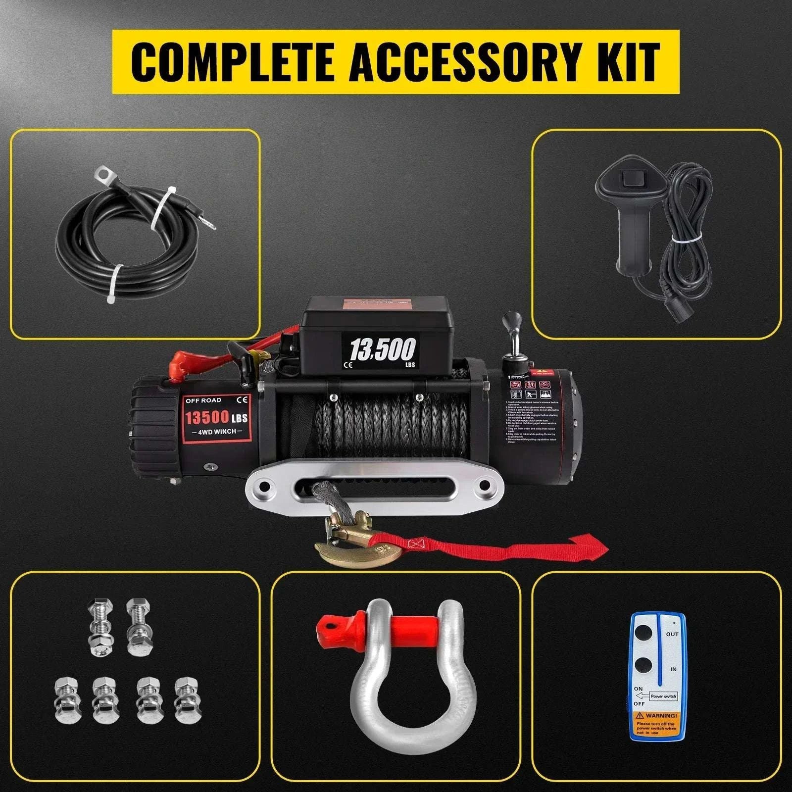 13,500 lb Electric Winch 12V with Synthetic Rope & Remote Control-13500LBS / United States