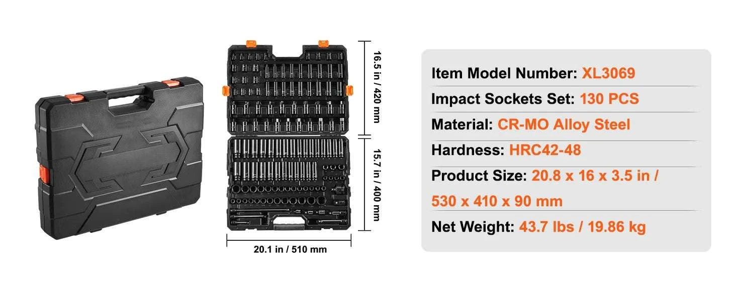 130-Piece Impact Socket Set SAE & Metric with Storage Case-130pcs / United States