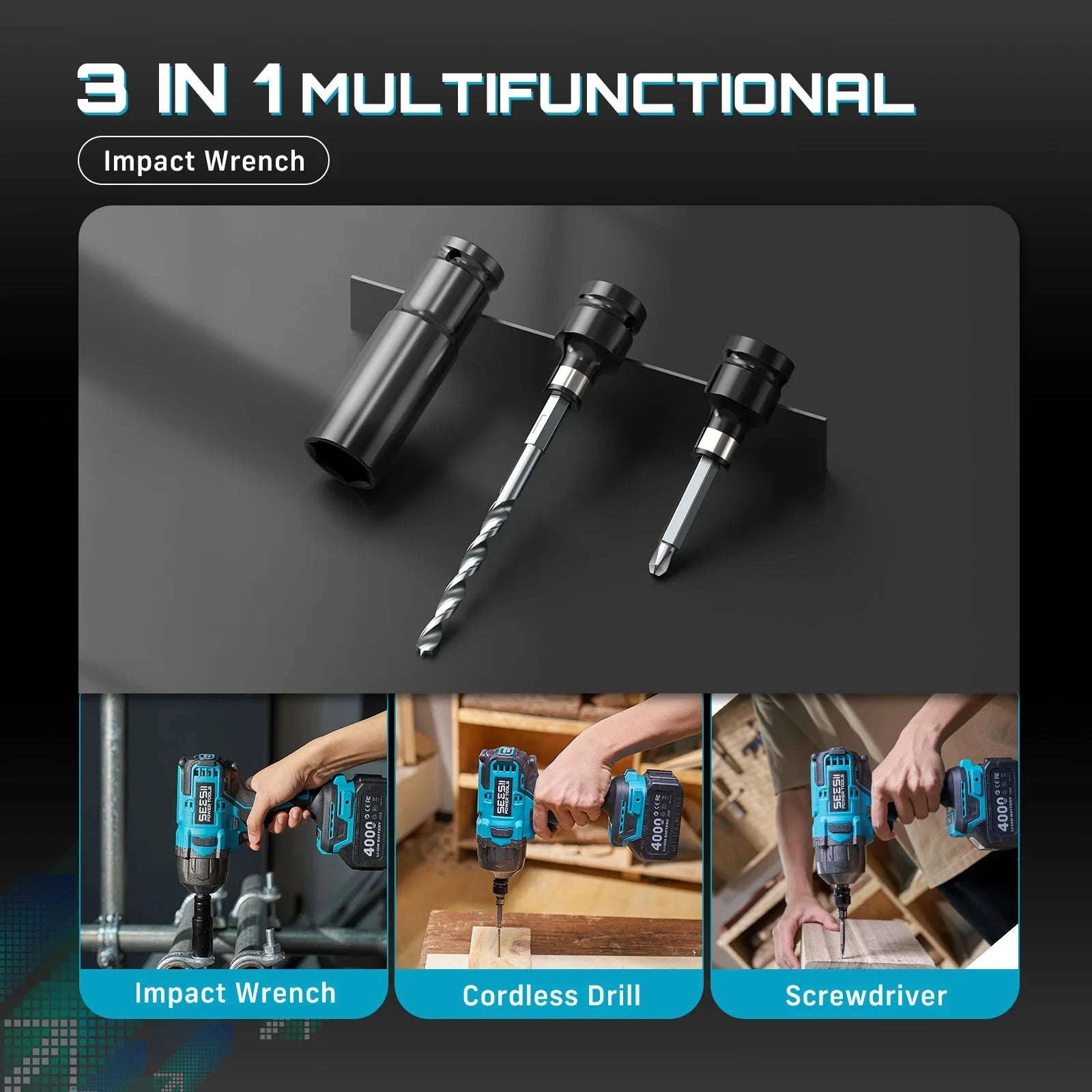 1300N.m 3-in-1 Cordless Impact Wrench Drill Screwdriver Kit-United States