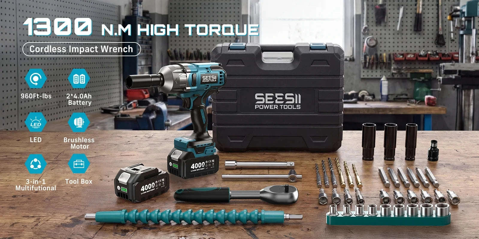 1300N.m 3-in-1 Cordless Impact Wrench Drill Screwdriver Kit-United States
