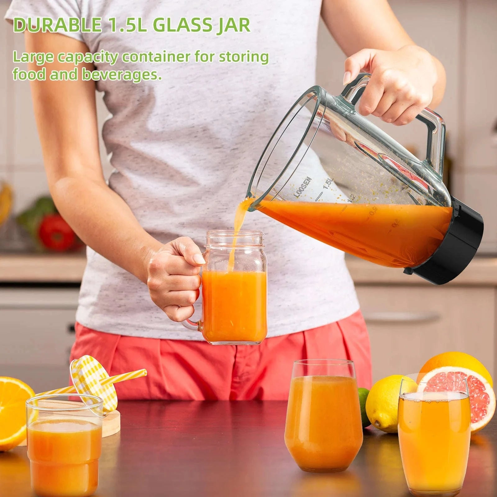 1300W Smoothie Maker with 1.5L Glass Jar and 600ml Travel Cup-Light Grey / US Plug / United States