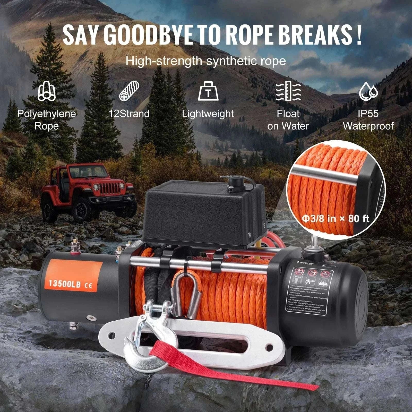 13500 lb Electric Winch with Synthetic Rope & Dual Remote Control-13500lbs / United States