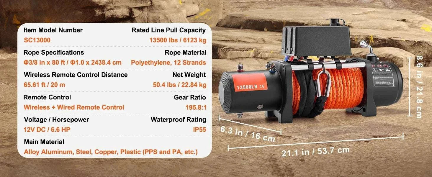 13500 lb Electric Winch with Synthetic Rope & Dual Remote Control-13500lbs / United States