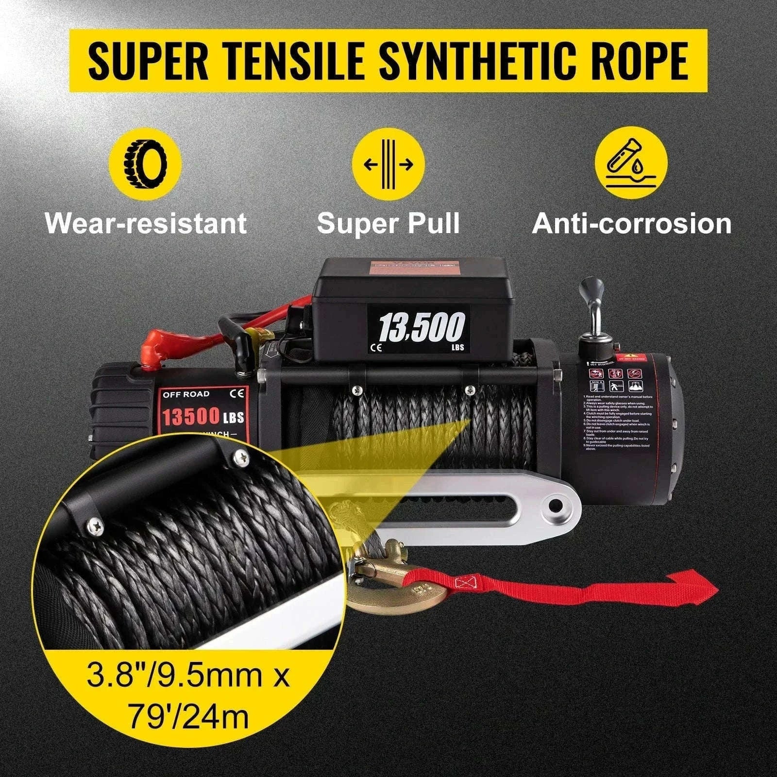 13500 lbs Electric Truck Winch 12V Synthetic Rope with Remote Control-13500LBS / 27M / Poland