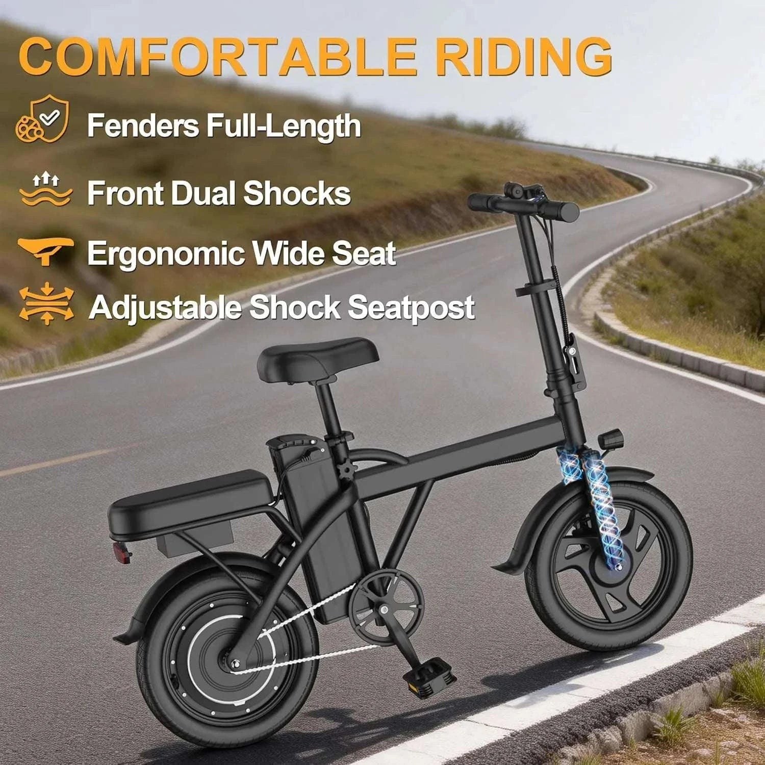 14'' Foldable Electric Bike 500W 48V 22MPH Dual Seat Mini E-Bike-5.2Ah 30miles / United States