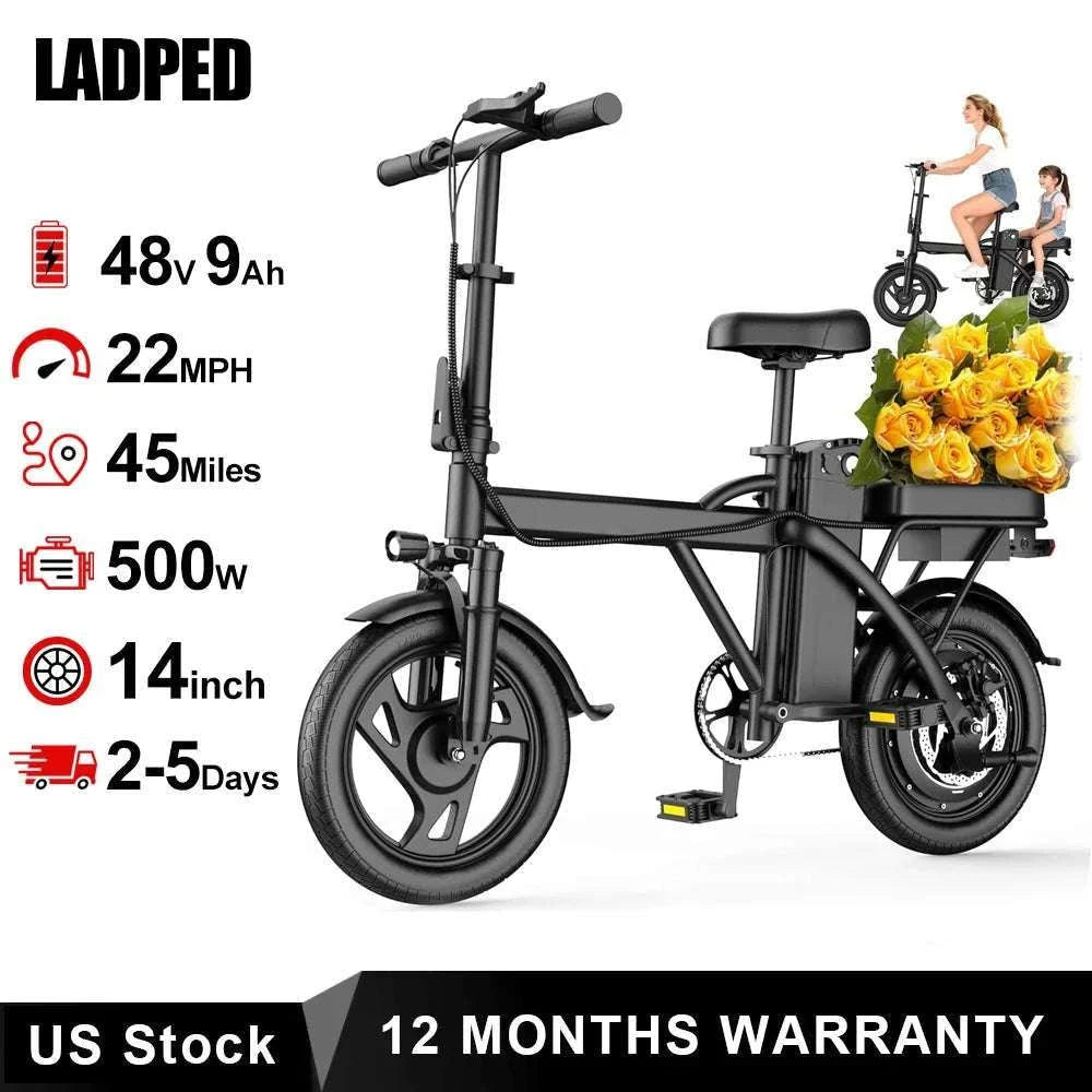 14'' Foldable Electric Bike 500W 48V 22MPH Dual Seat Mini E-Bike-5.2Ah 30miles / United States