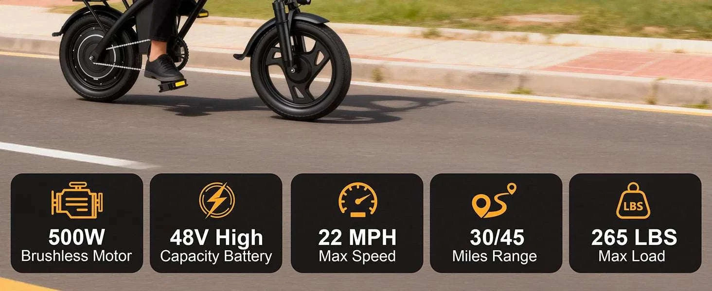 14'' Foldable Electric Bike 500W 48V 22MPH Dual Seat Mini E-Bike-5.2Ah 30miles / United States