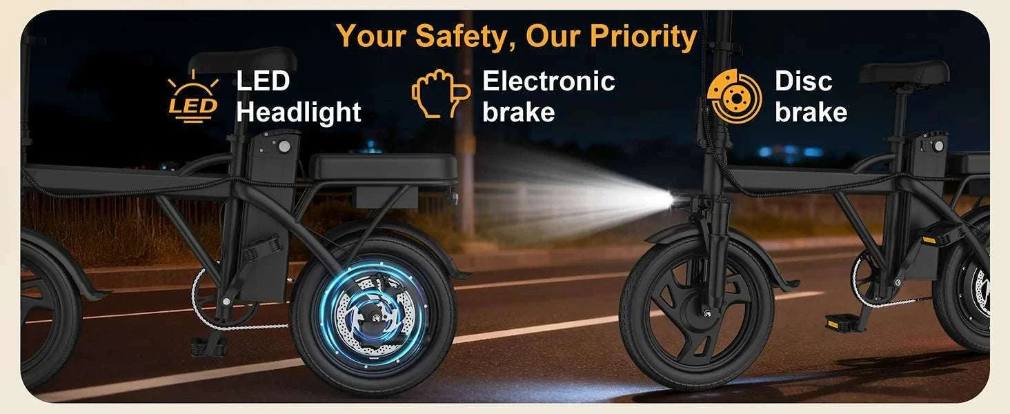 14'' Foldable Electric Bike 500W 48V 22MPH Dual Seat Mini E-Bike-5.2Ah 30miles / United States
