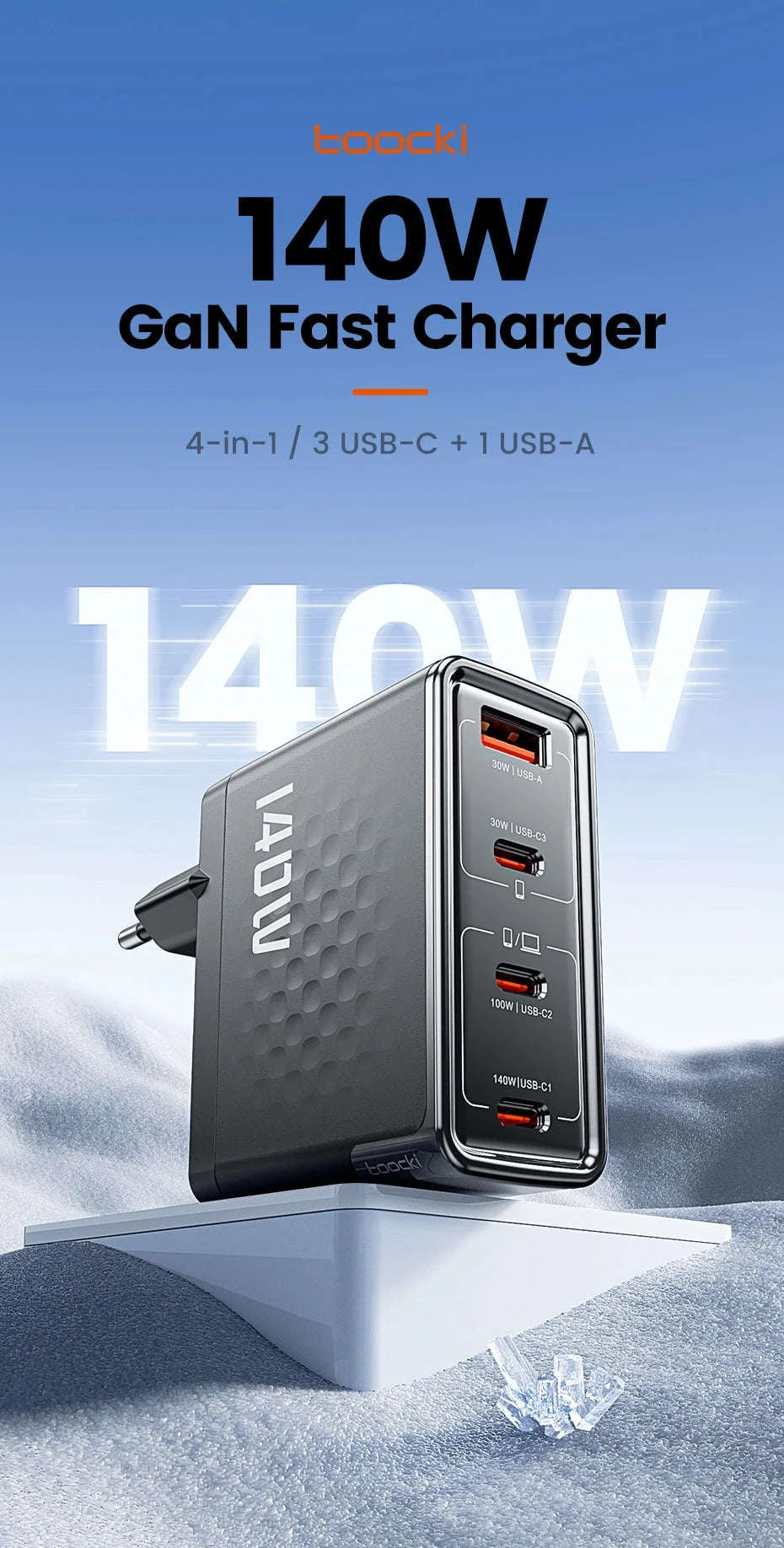 140W GaN USB-C Fast Charger with 4 Ports for Laptops, Phones-US Plug