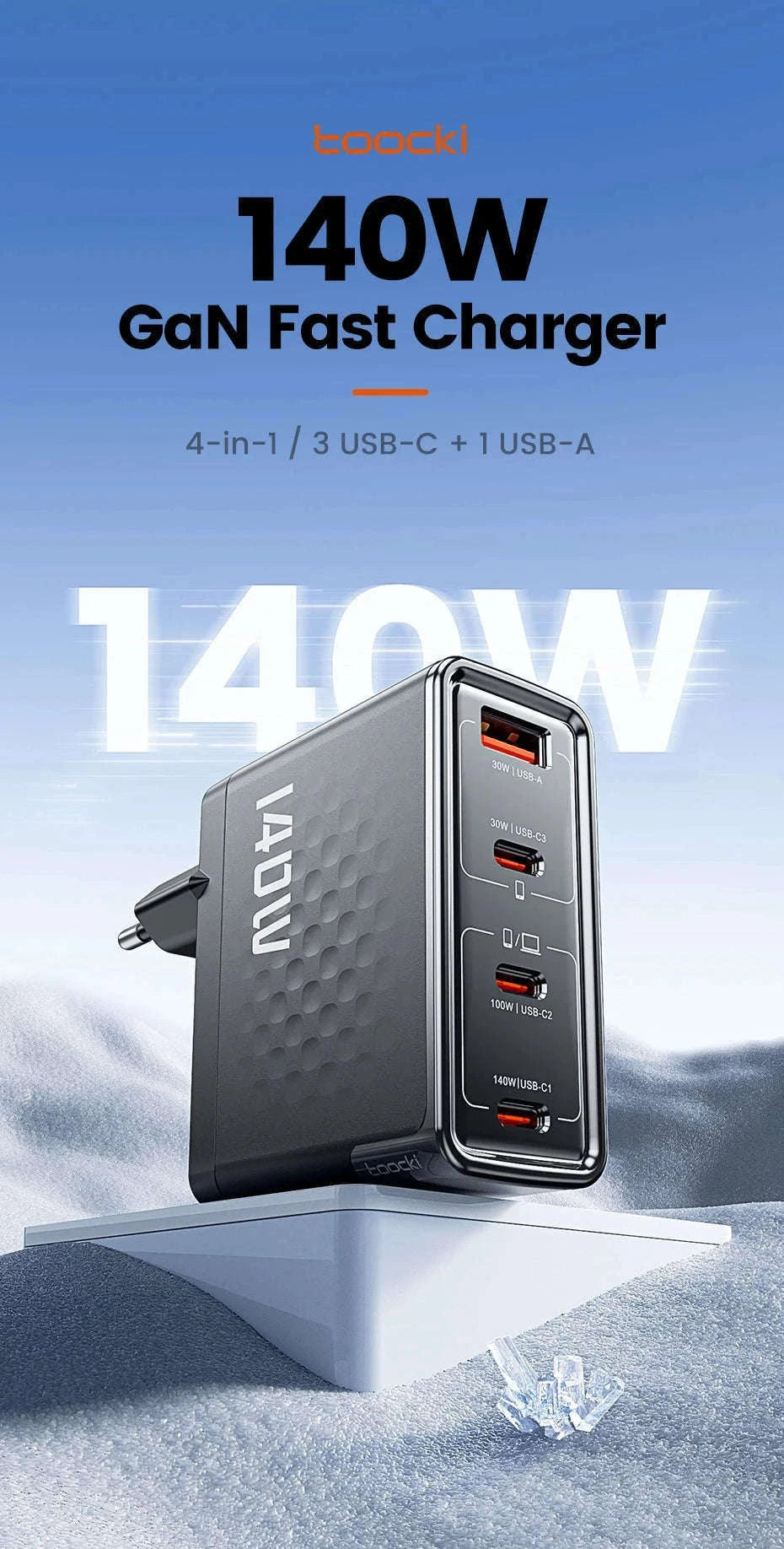 140W GaN USB-C Fast Charger with 4 Ports for Laptops, Phones-US Plug
