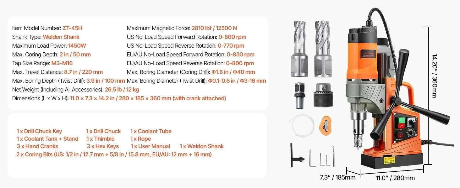 1450W Magnetic Drill Press with 12500N Base and Variable Speed-1450W 2PCs / United States