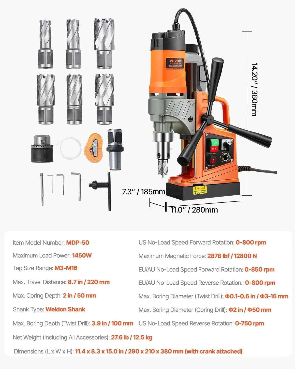 1450W Magnetic Drill Press with 12500N Base and Variable Speed-1450W 2PCs / United States