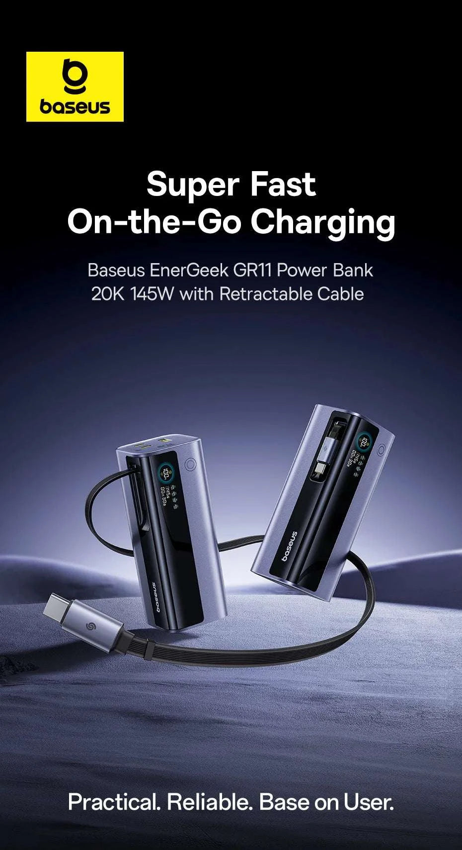 145W Fast Charging Power Bank 20000mAh with Retractable USB-C Cable-Grey / 20000mAh / United States