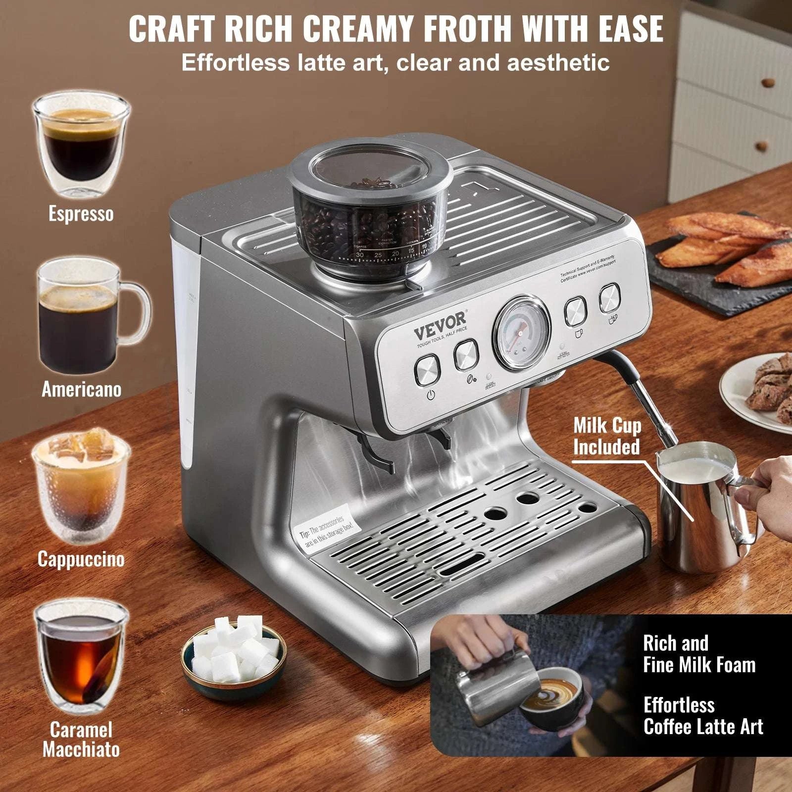 15 Bar Espresso Machine with Built-In Grinder & Milk Frother-United States