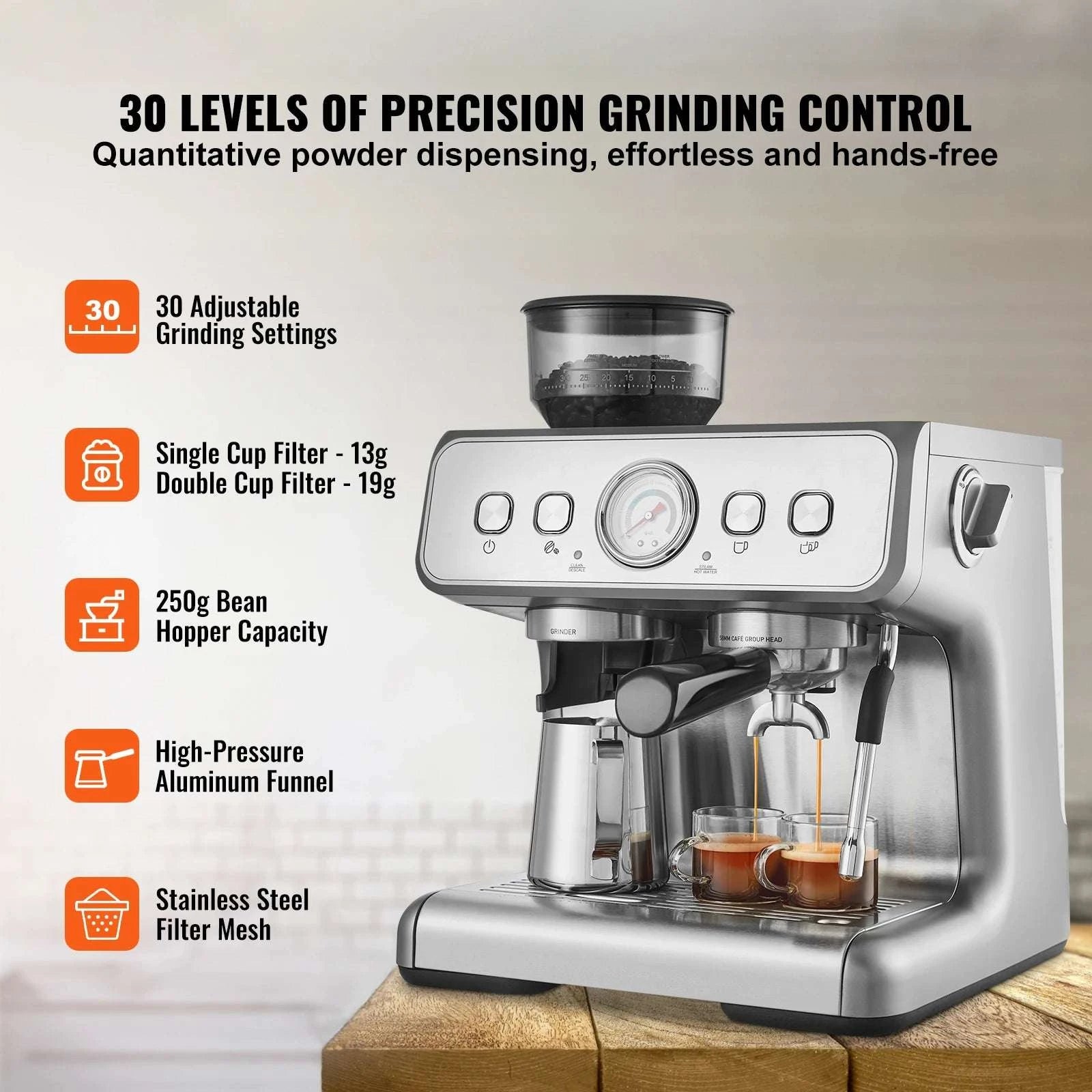 15 Bar Espresso Machine with Grinder & Steam Wand-15 bar / United States