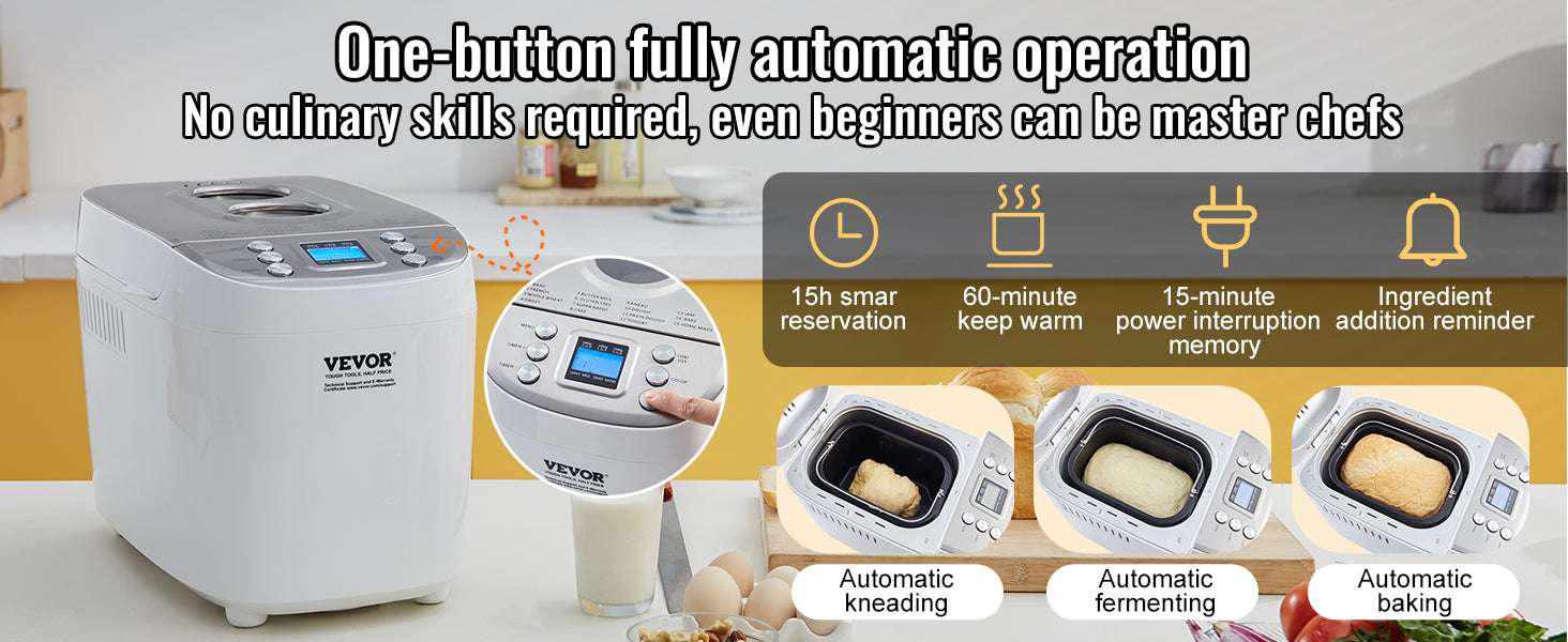 15-in-1 Automatic Bread Maker with Gluten-Free Setting & Timer-3lb950W / United States