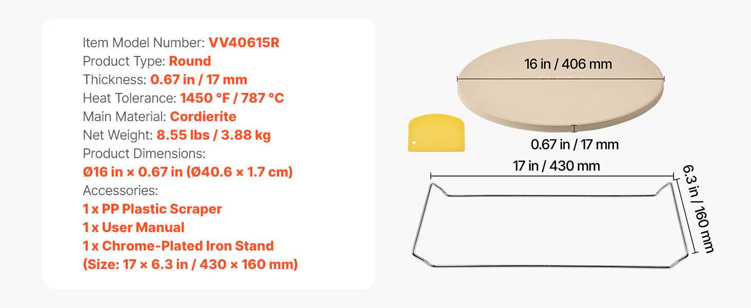15-Inch Cordierite Pizza Stone with Peel & Scraper 1450°F-